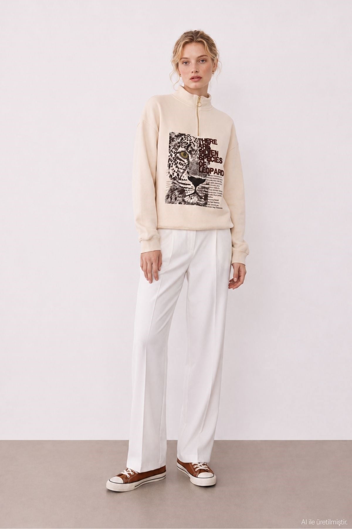 Quzu Baskı Nakış Detaylı Sweatshirt Bej