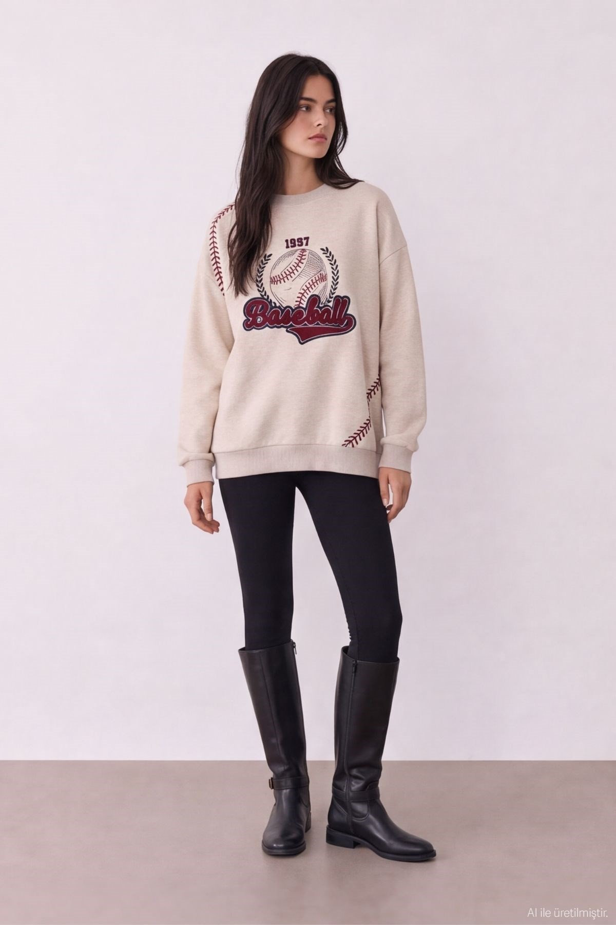 Quzu Baskı Nakış Detaylı Sweatshirt Bejmelanj