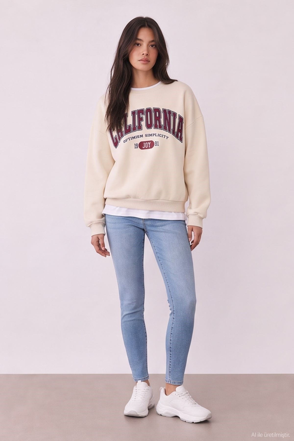 Quzu Baskı Nakış Detaylı Sweatshirt Bej
