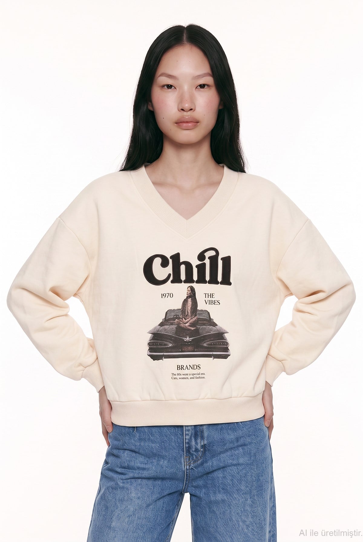 Quzu Baskı Nakış Detaylı Sweatshirt Bej