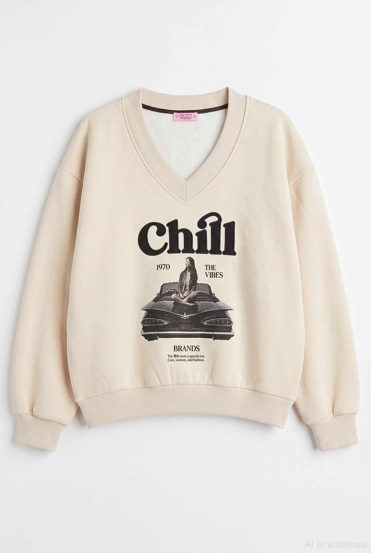 Quzu Baskı Nakış Detaylı Sweatshirt Bej