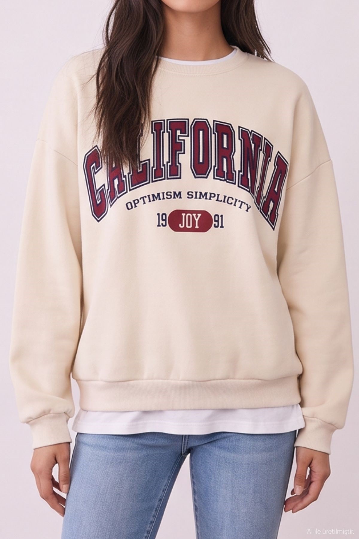 Quzu Baskı Nakış Detaylı Sweatshirt Bej