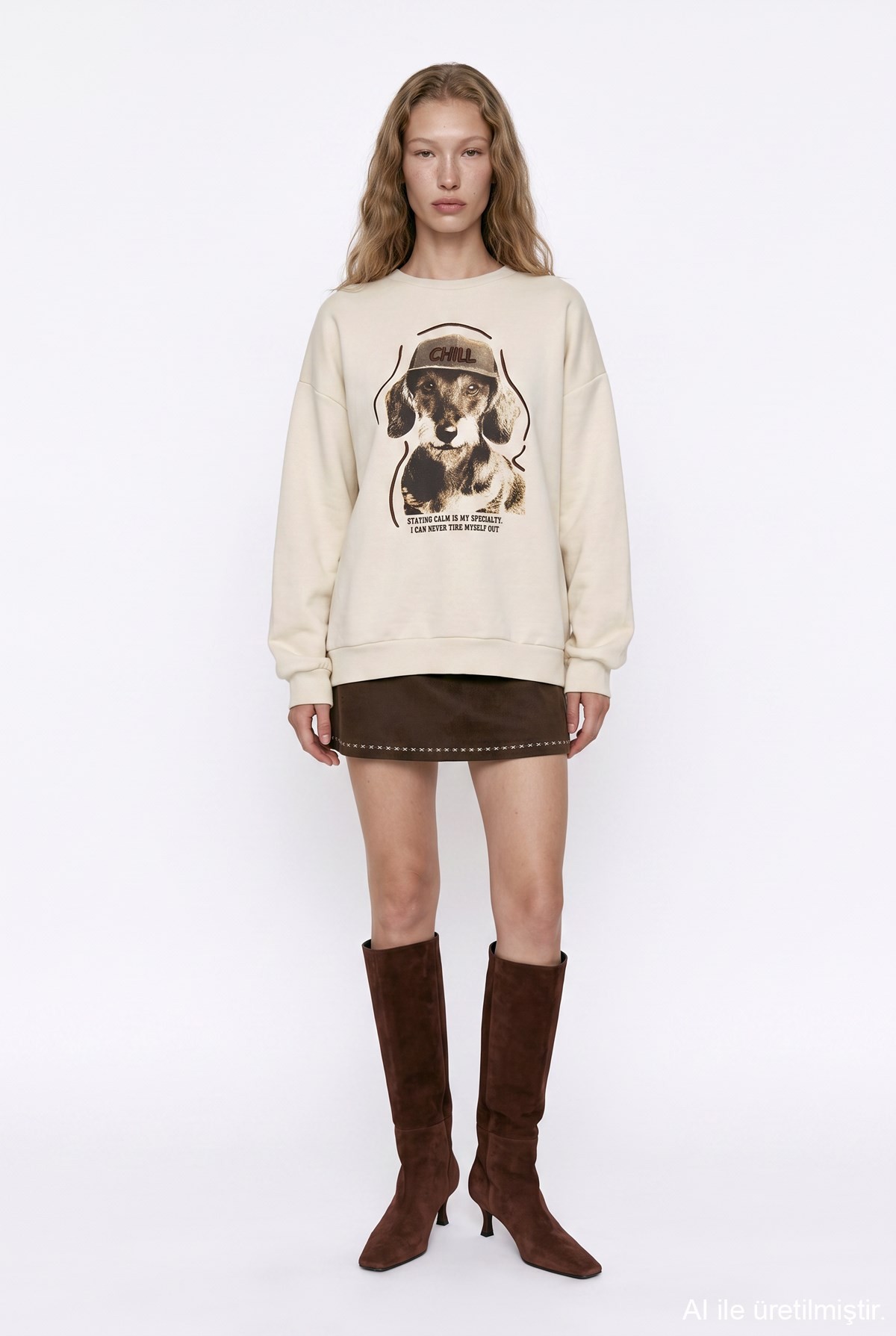 Quzu Baskı Nakış Detaylı Sweatshirt Bej