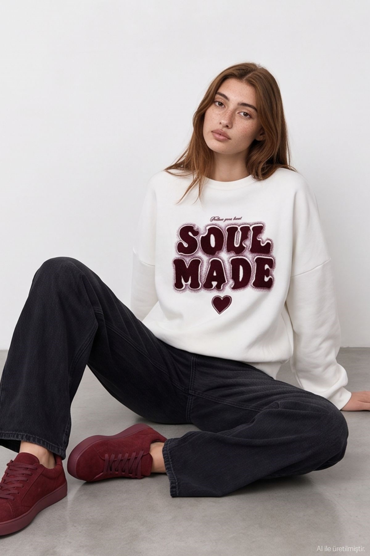 Quzu Baskı Nakış Detaylı Sweatshirt Ekru