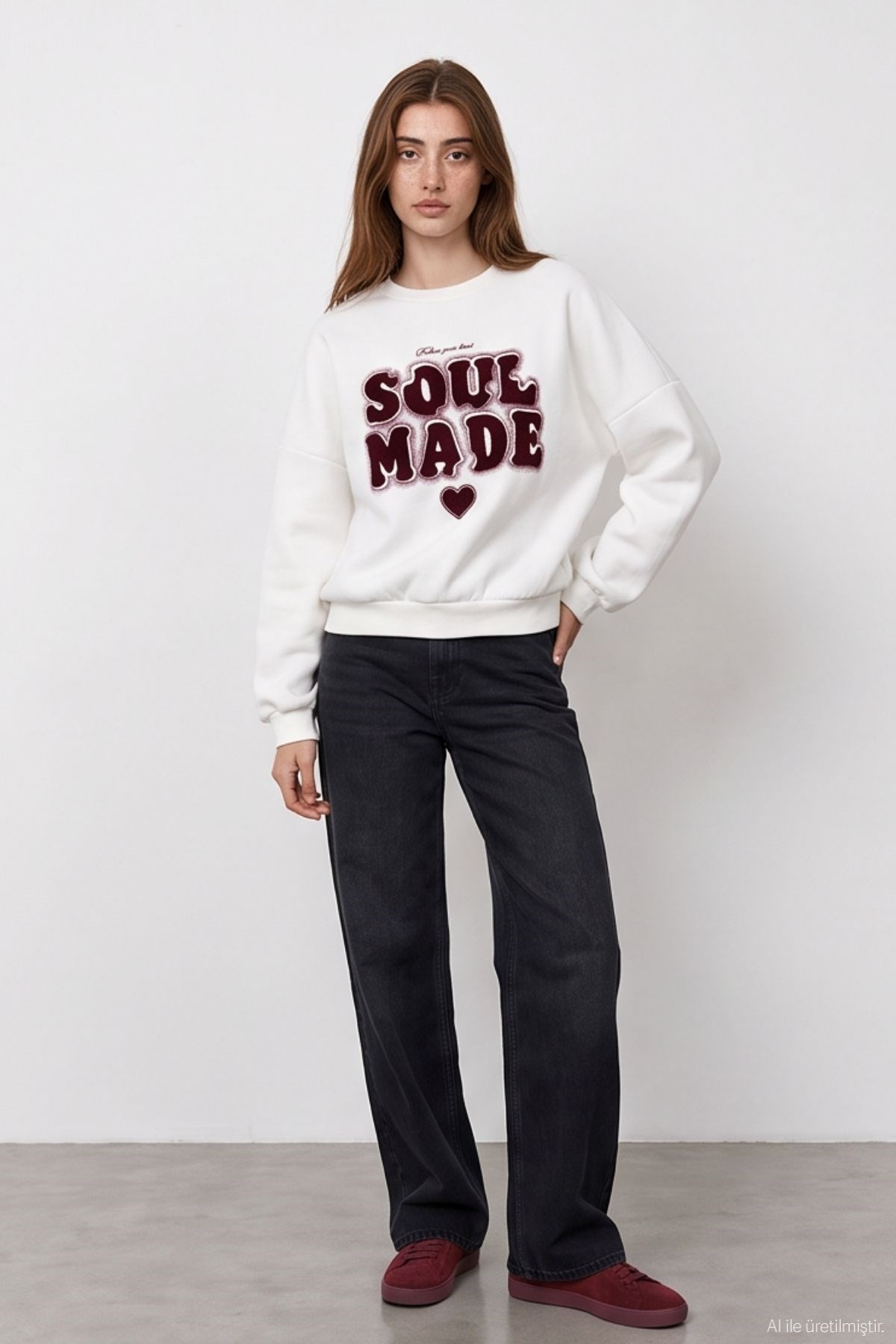 Quzu Baskı Nakış Detaylı Sweatshirt Ekru