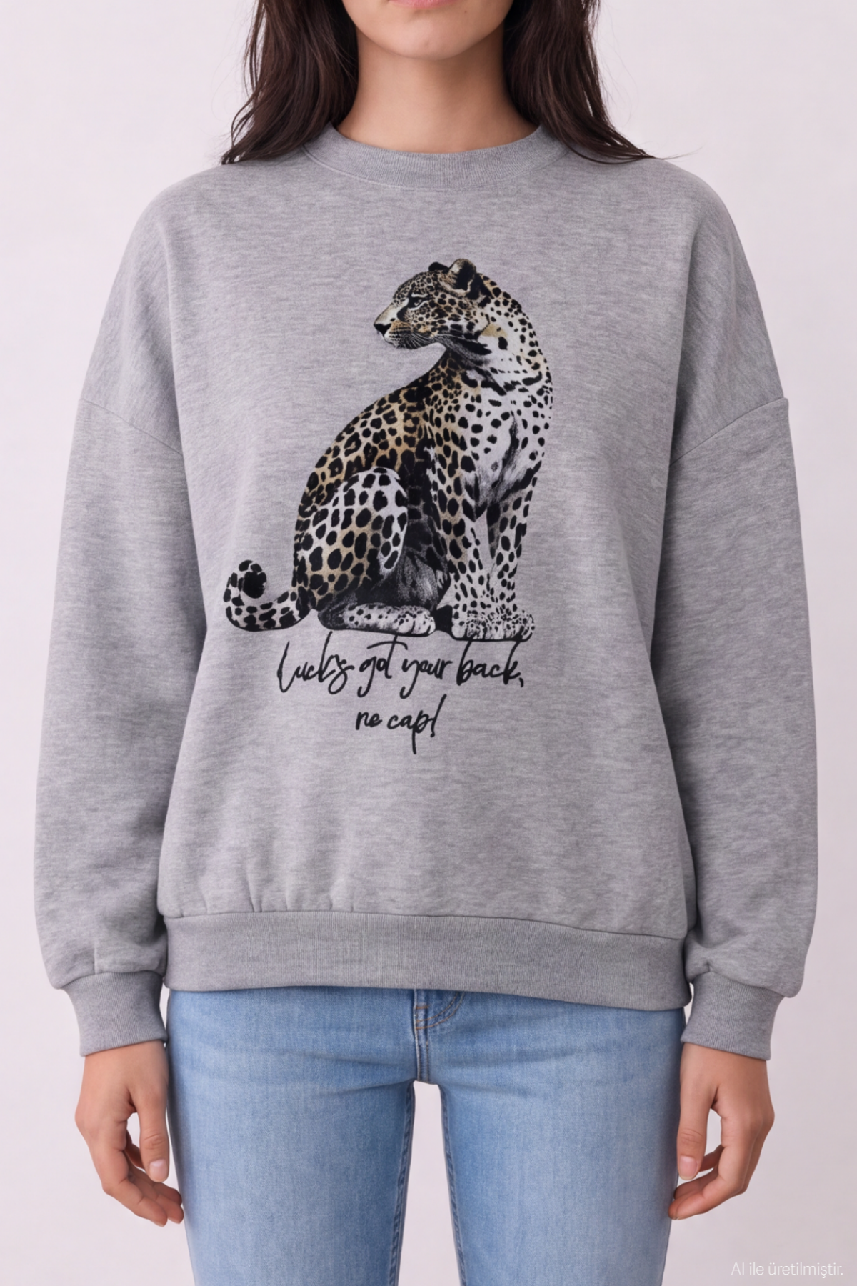 Quzu Baskı Nakış Detaylı Sweatshirt Gri Melanj