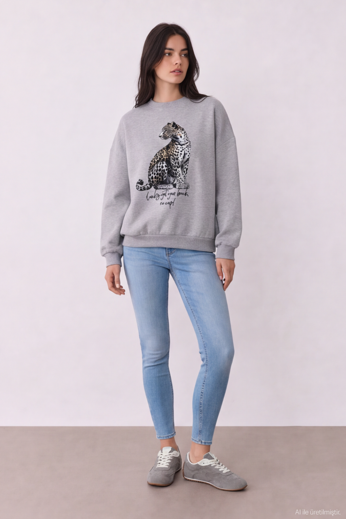 Quzu Baskı Nakış Detaylı Sweatshirt Gri Melanj