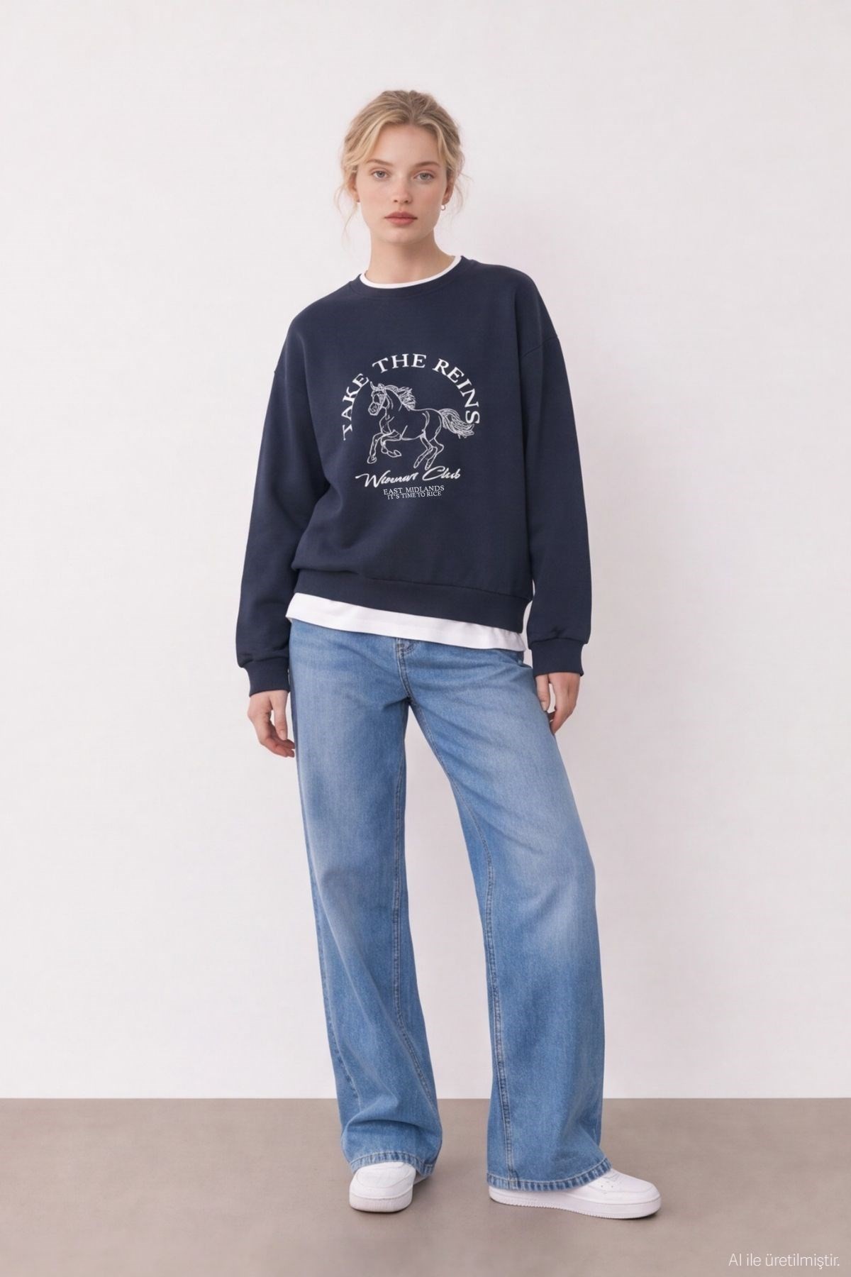 Quzu Baskı Nakış Detaylı Sweatshirt Lacivert