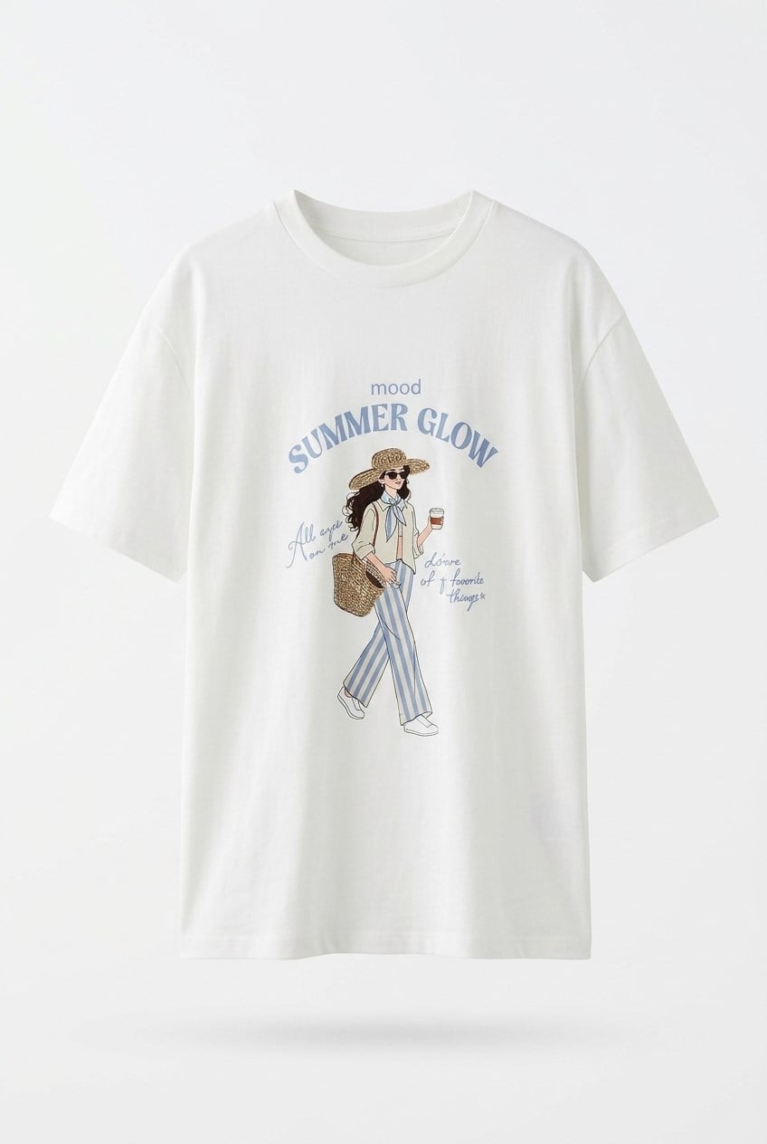 Quzu Baskı Nakış Detaylı T-shirt Ekru