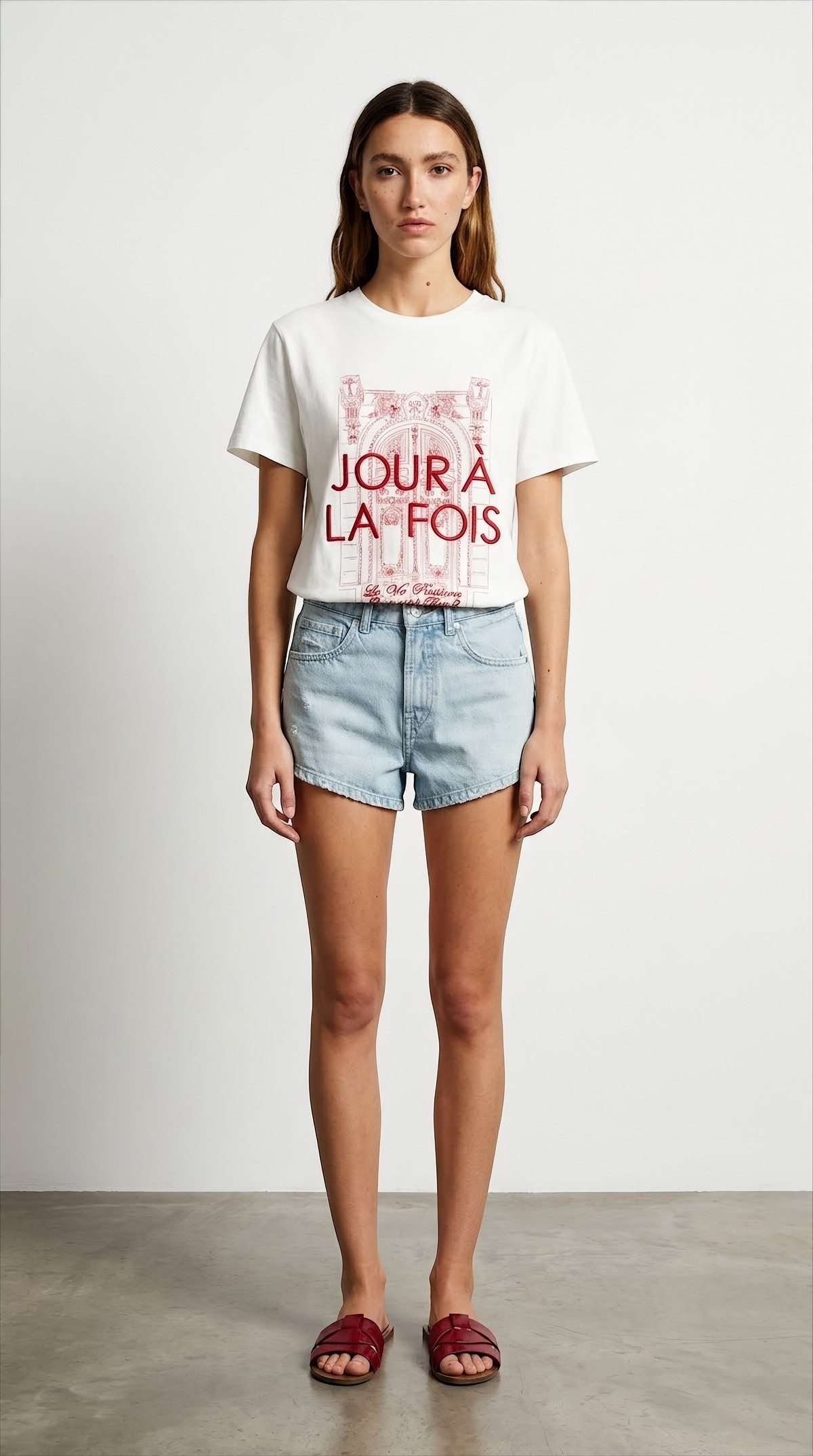 Quzu Baskı ve Nakış Detaylı T-shirt Ekru/Kırmızı