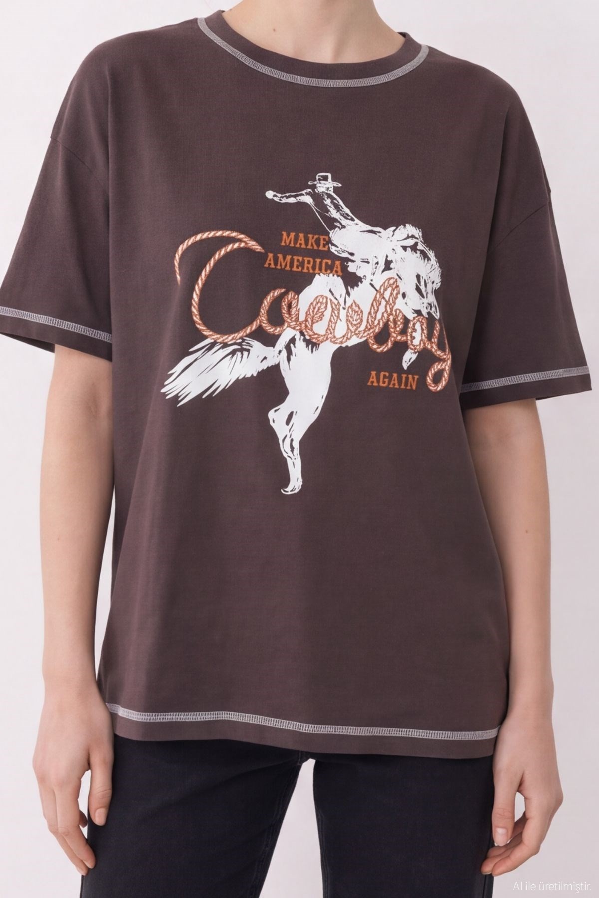 Quzu Baskı Ve Nakış Detaylı T-shirt Kahve
