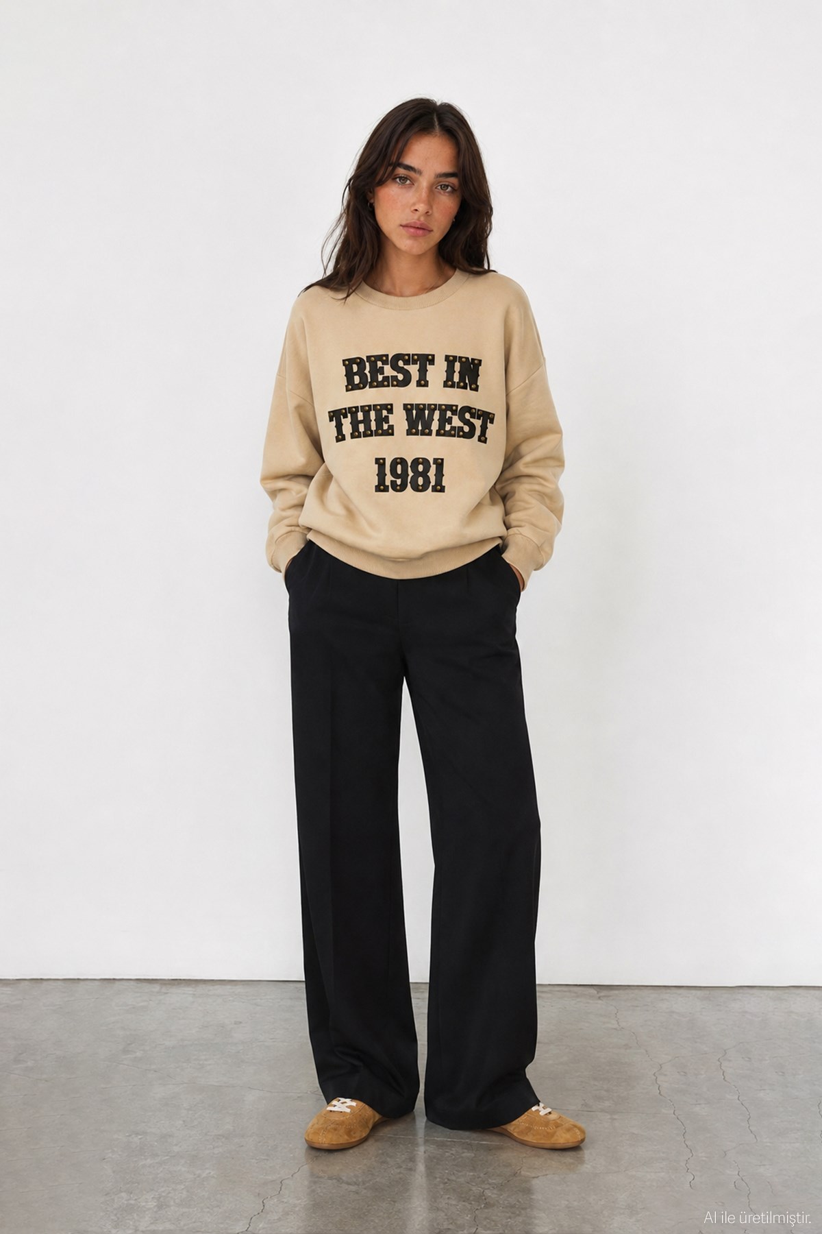 Quzu Baskı Ve Trok Detaylı Sweatshirt Bej