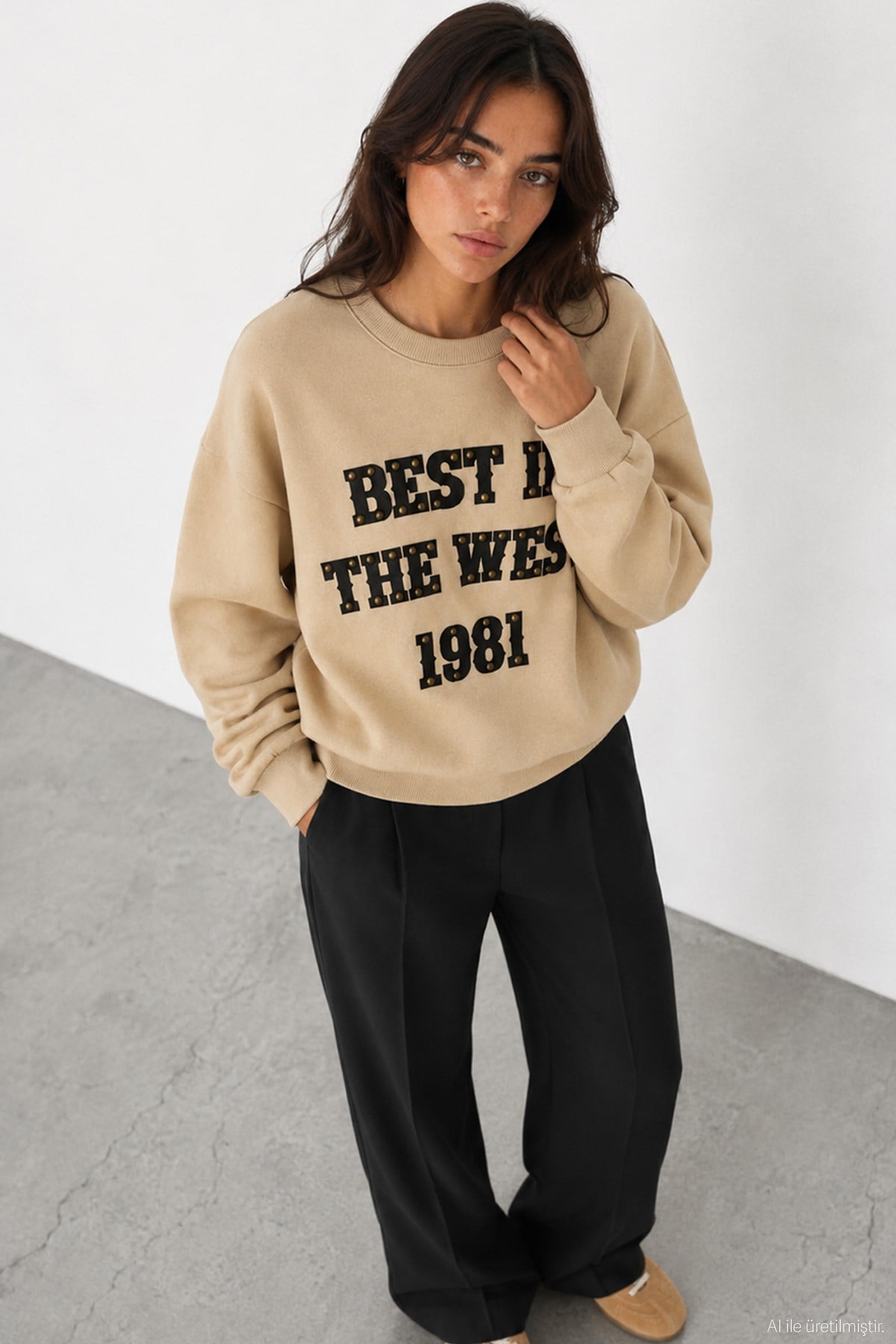 Quzu Baskı Ve Trok Detaylı Sweatshirt Bej