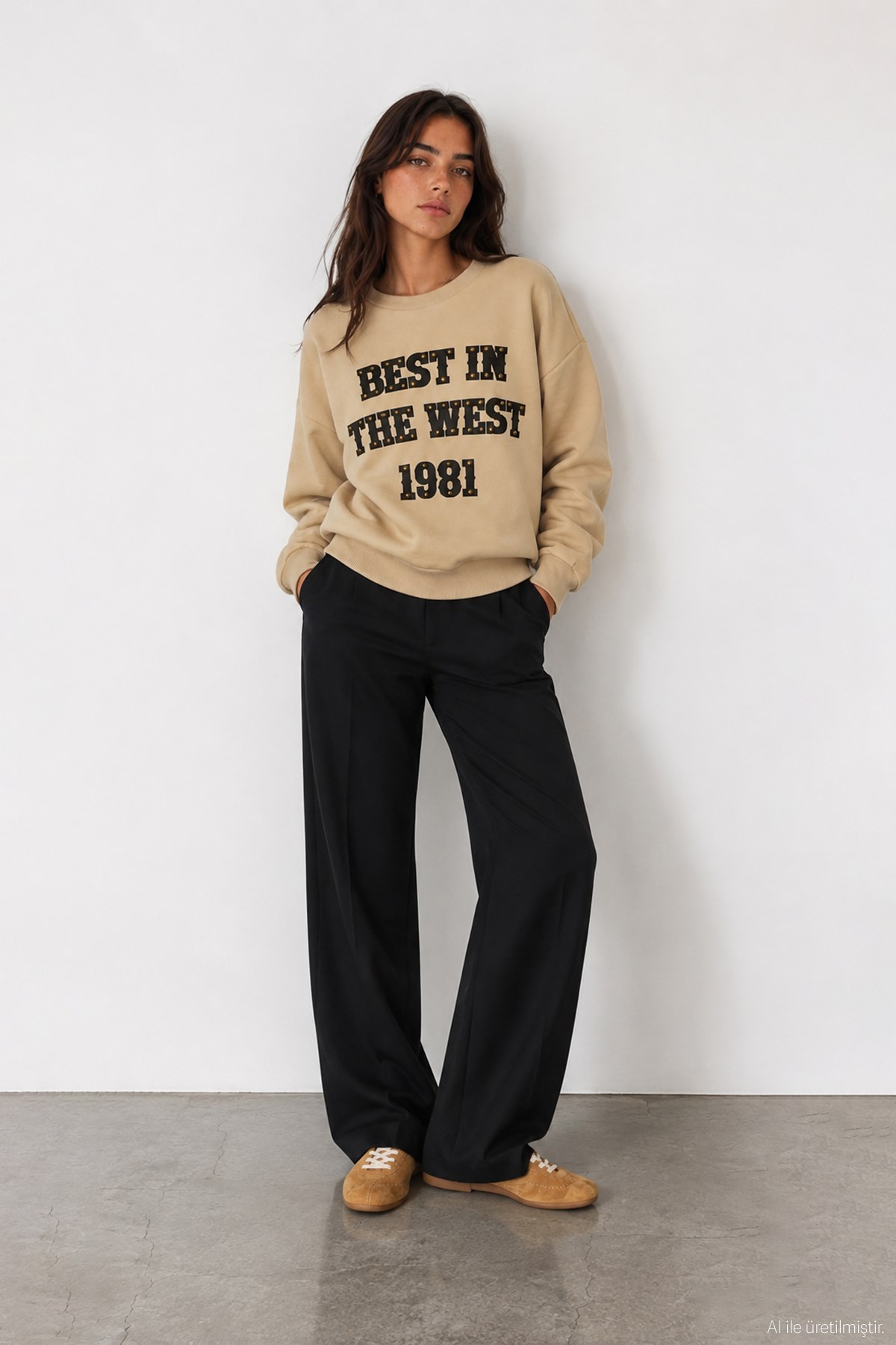 Quzu Baskı Ve Trok Detaylı Sweatshirt Bej