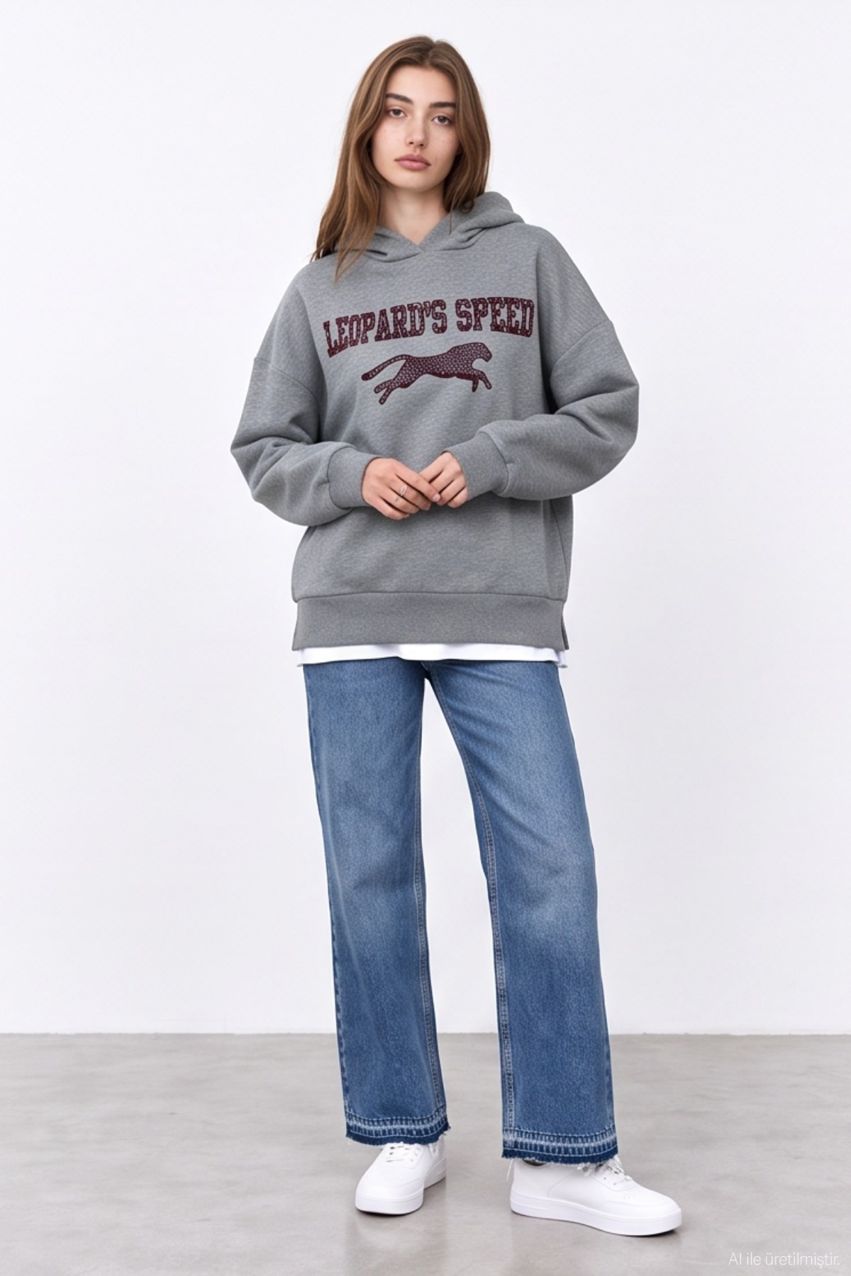 Quzu Baskılı Sweatshirt Gri Melanj