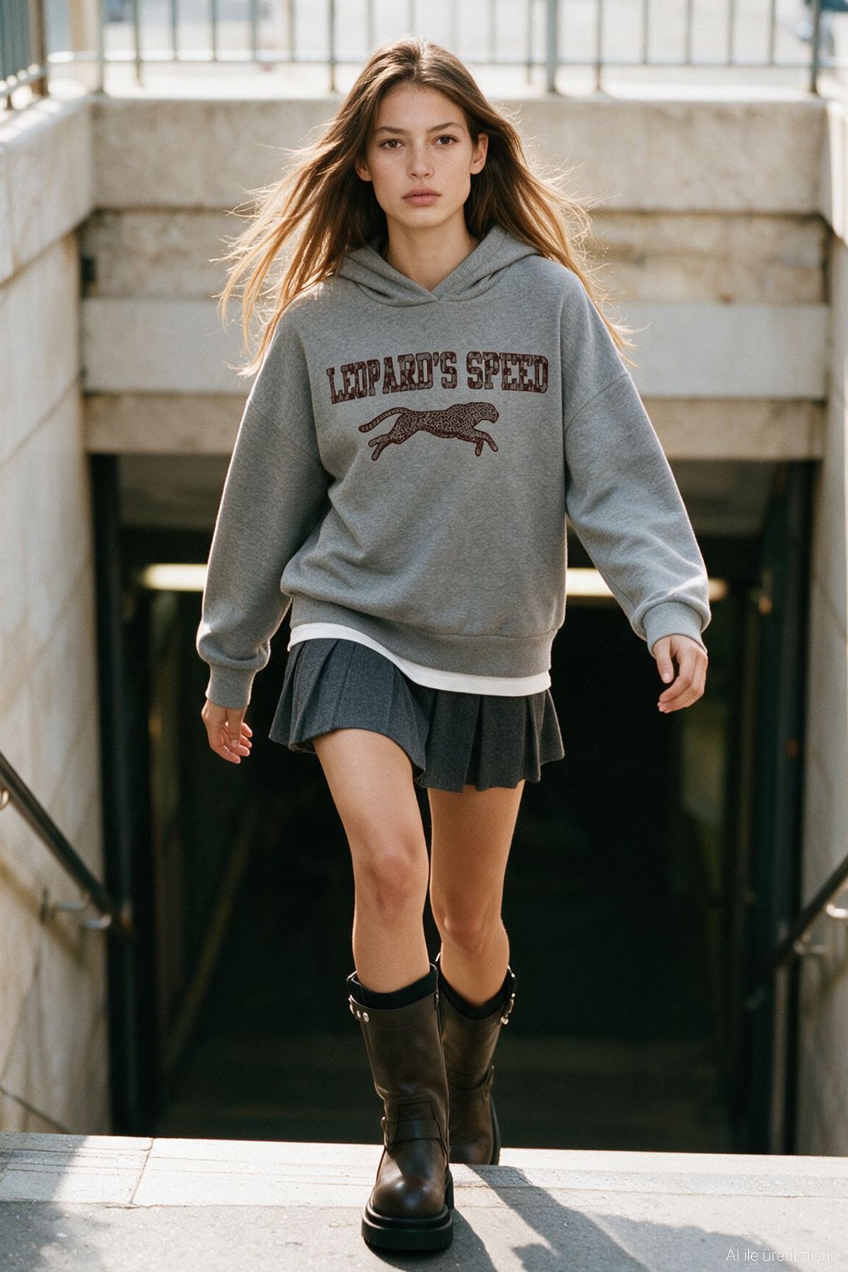 Quzu Baskılı Sweatshirt Gri Melanj