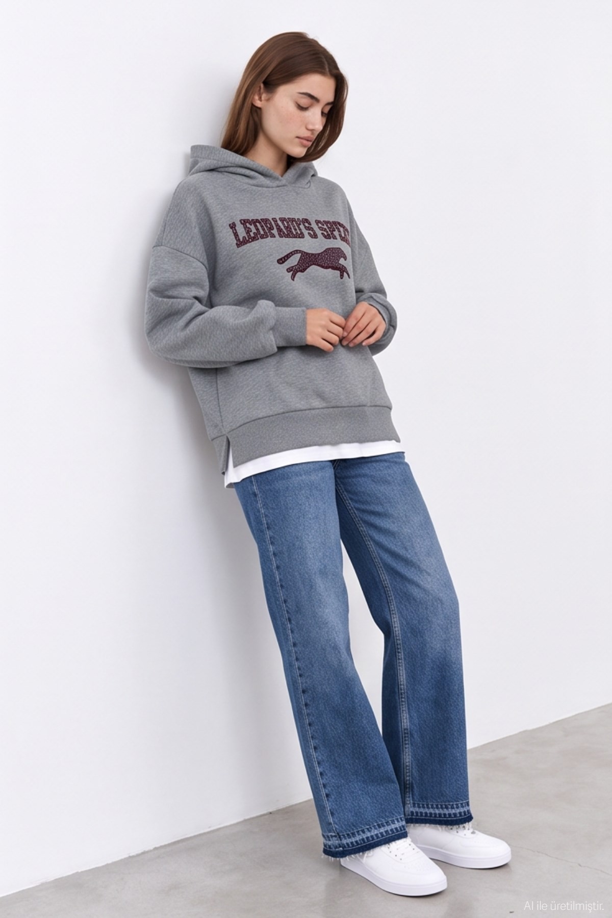 Quzu Baskılı Sweatshirt Gri Melanj