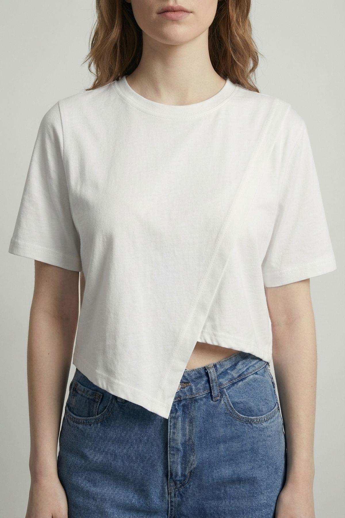 Quzu Belden Büzgülü Asimetrik T-shirt Ekru
