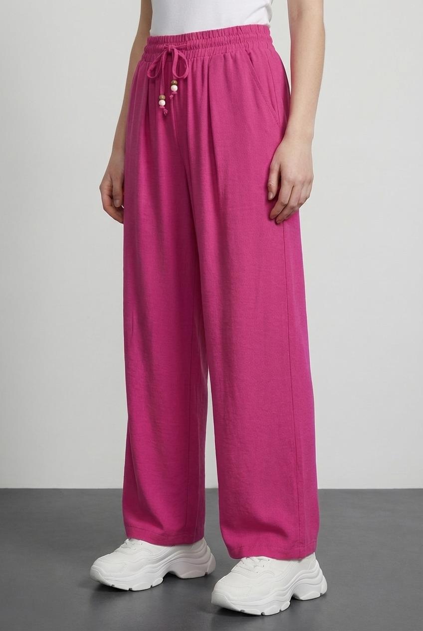 Quzu Beli Lastikli Bağucu Detaylı Pantolon Fuşya