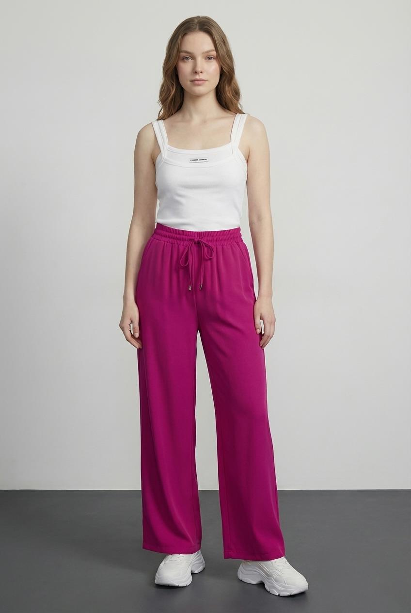 Quzu Beli Lastikli Bol Paça Pantolon Fuşya