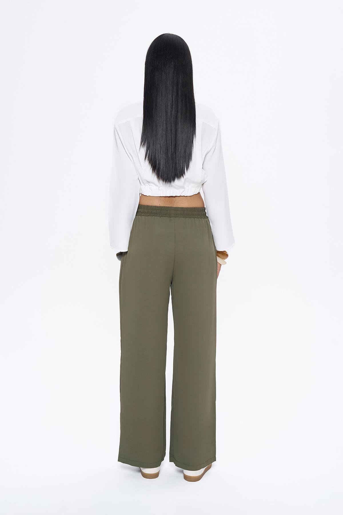 Quzu Beli Lastikli Bol Paça Pantolon Haki