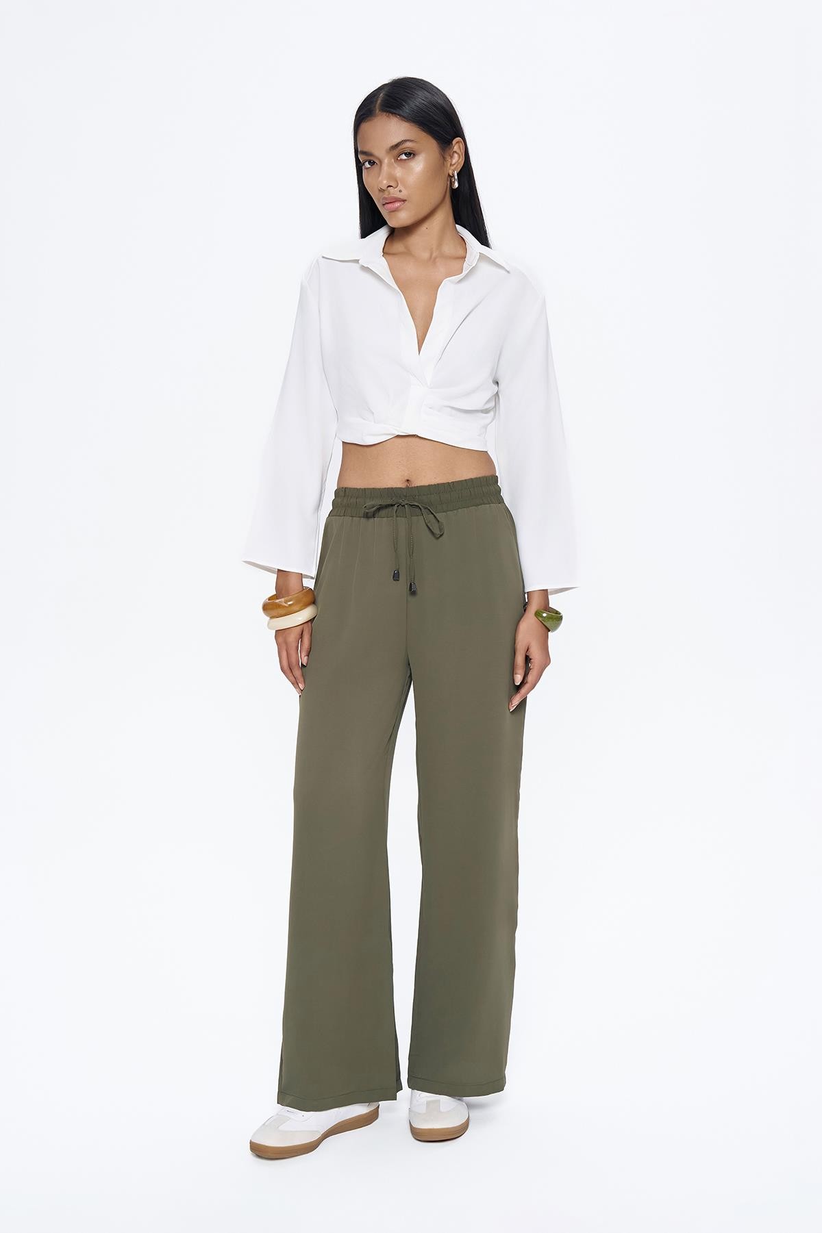 Quzu Beli Lastikli Bol Paça Pantolon Haki