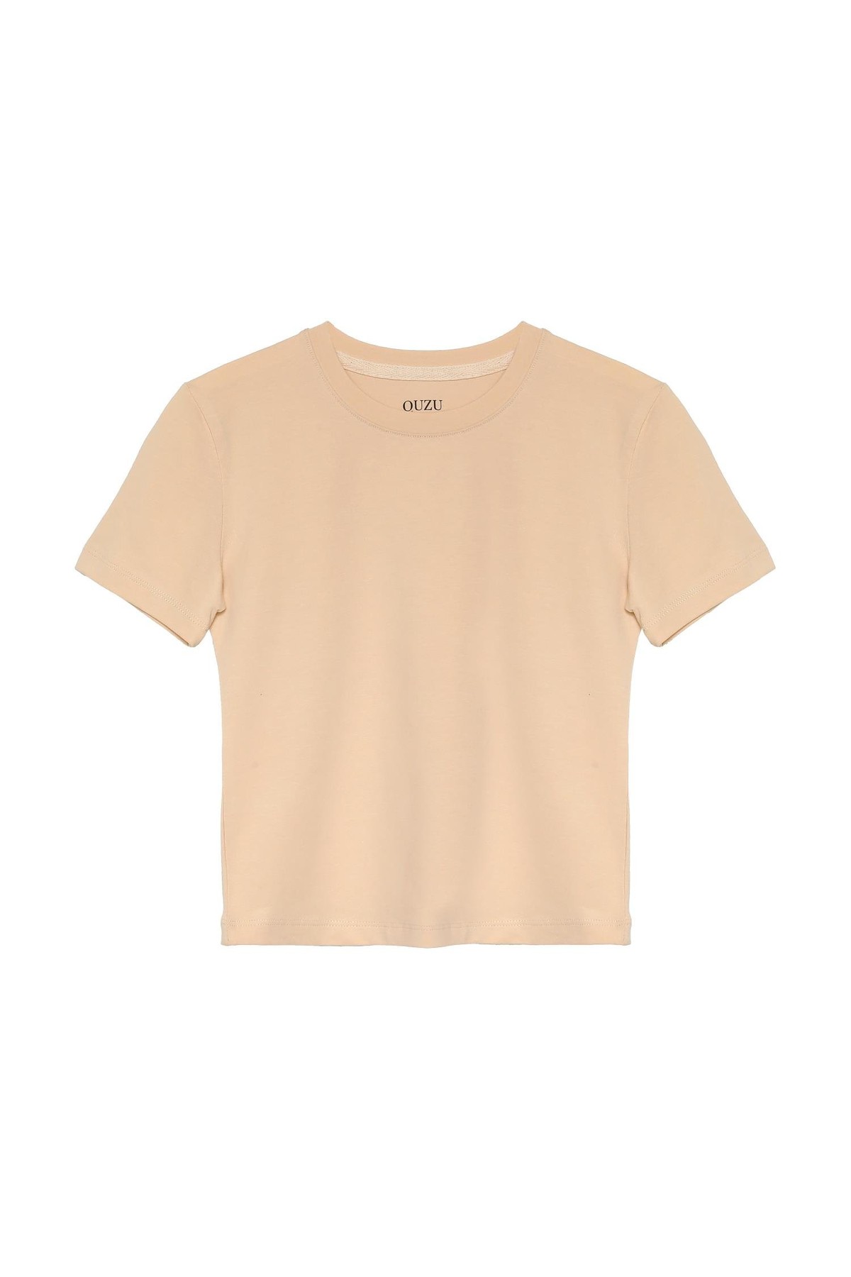 Quzu Bisiklet Yaka Basic T-shirt Bej