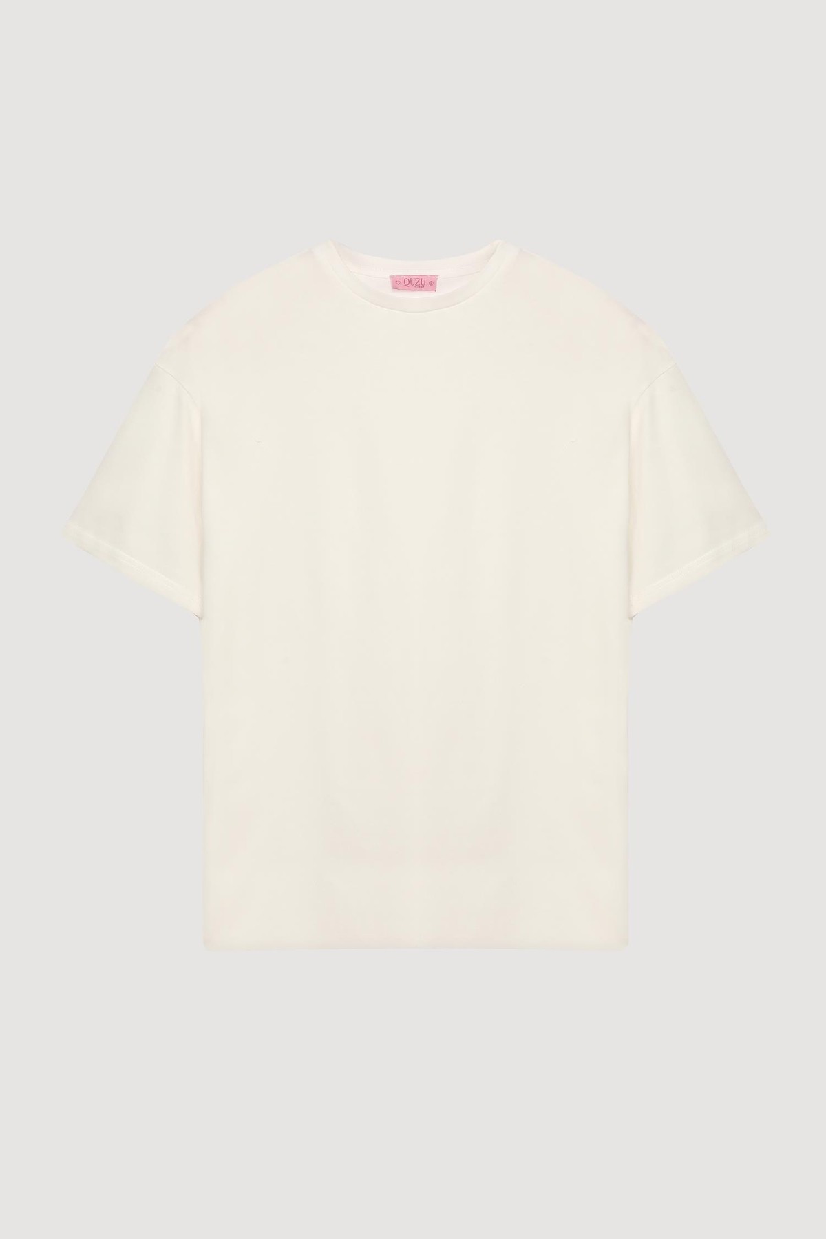 Quzu Bisiklet Yaka Düz T-shirt Ekru