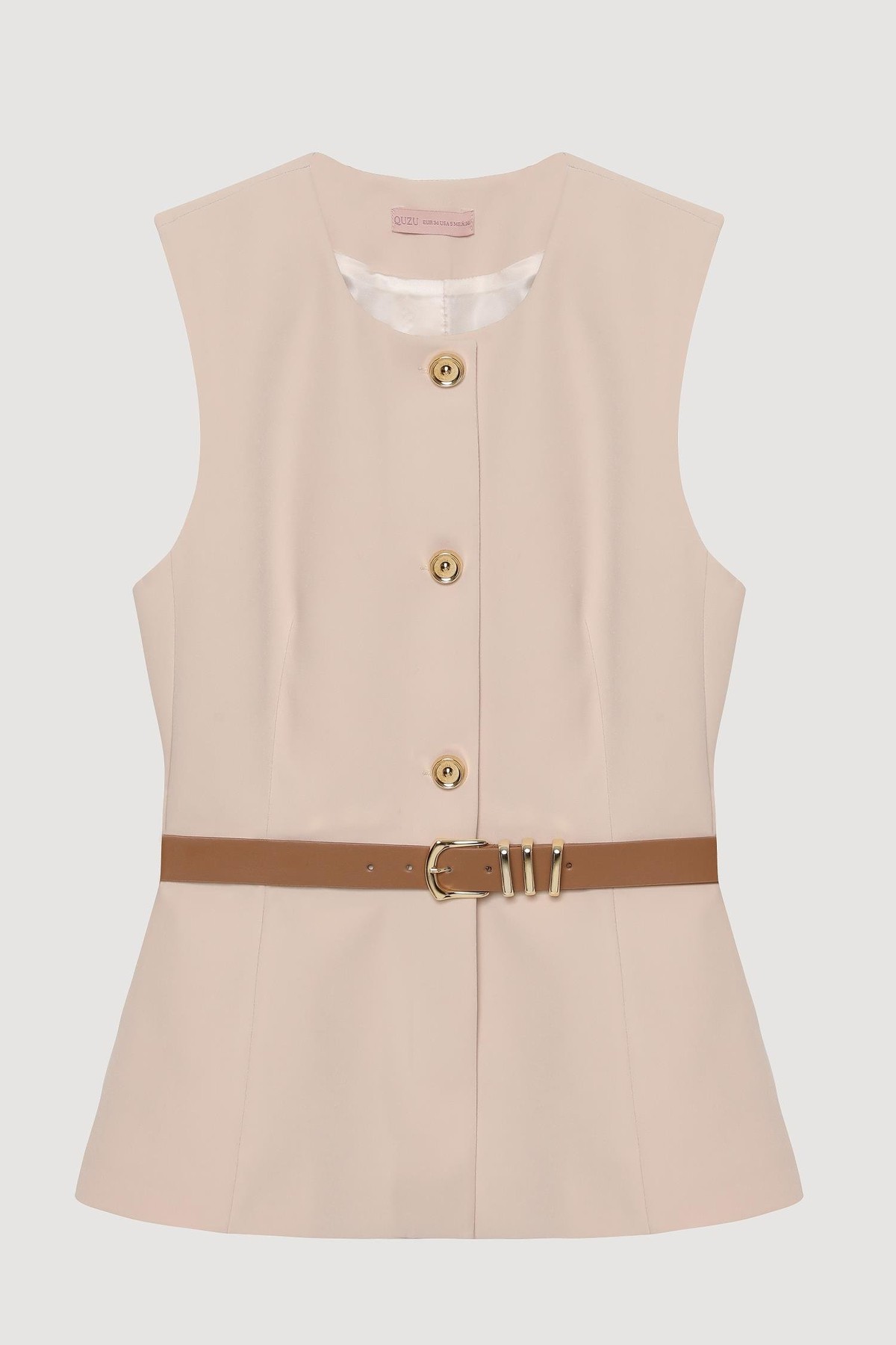 Quzu Bisiklet Yaka Kemerli Yelek Bej