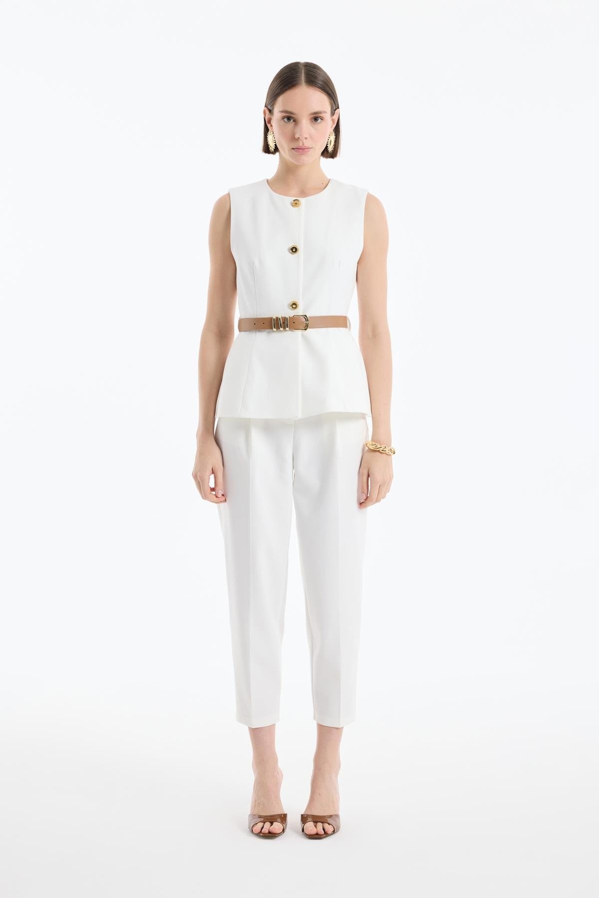 Quzu Bisiklet Yaka Kemerli Yelek Ekru