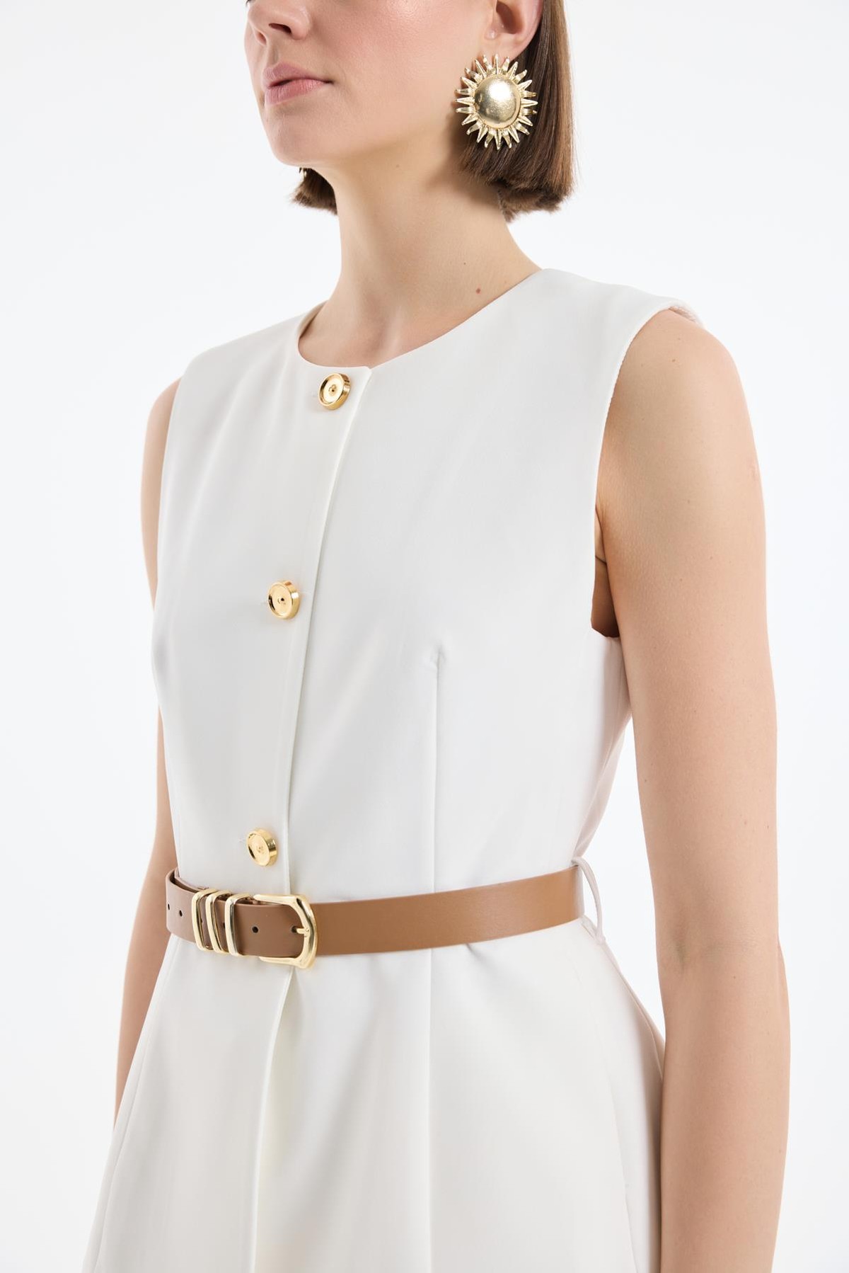 Quzu Bisiklet Yaka Kemerli Yelek Ekru