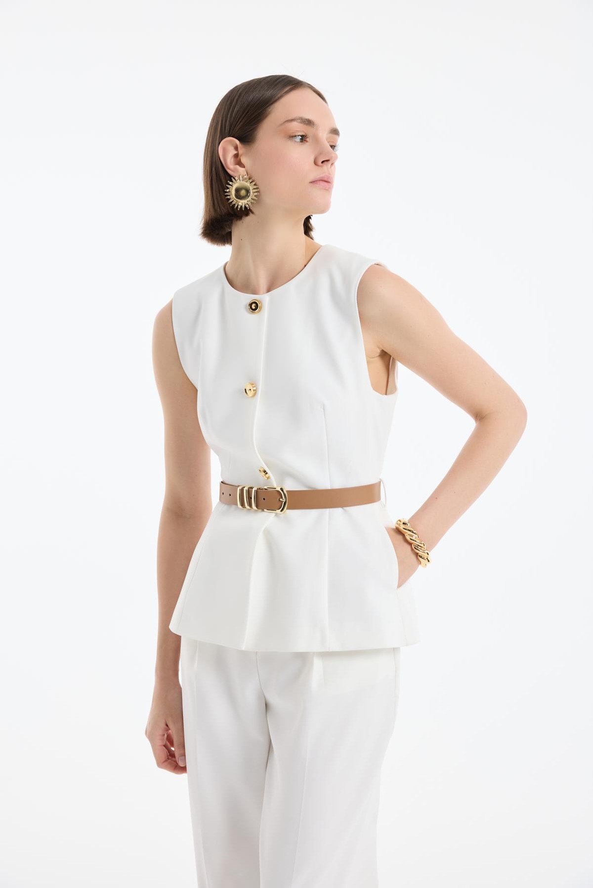 Quzu Bisiklet Yaka Kemerli Yelek Ekru