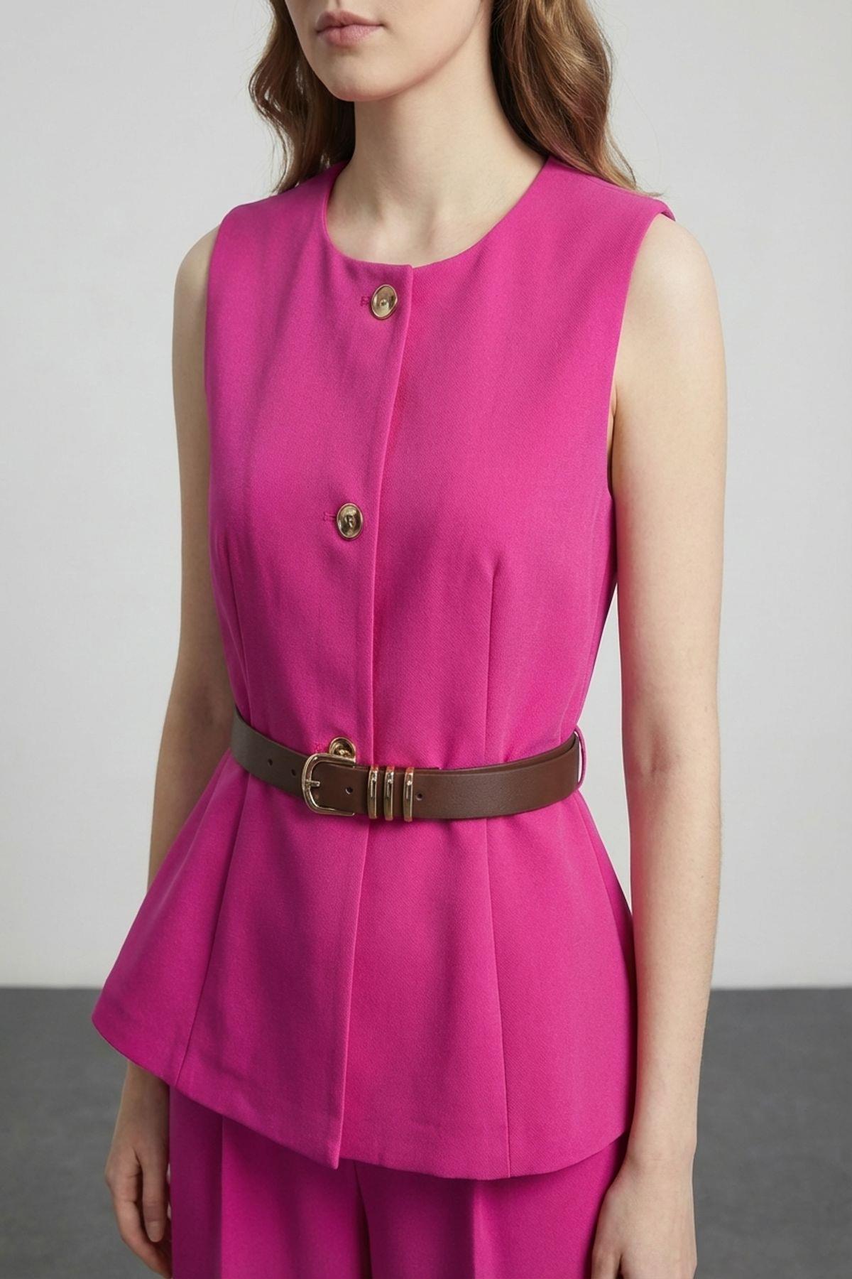 Quzu Bisiklet Yaka Kemerli Yelek Fuşya