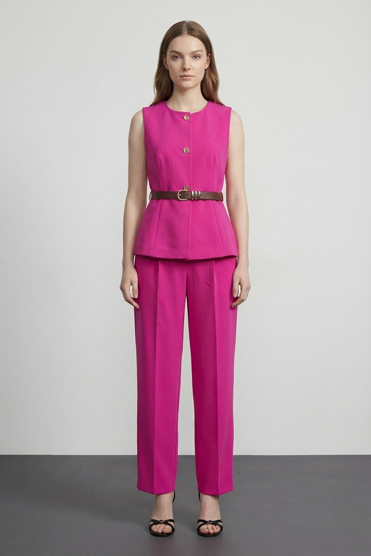 Quzu Bisiklet Yaka Kemerli Yelek Fuşya