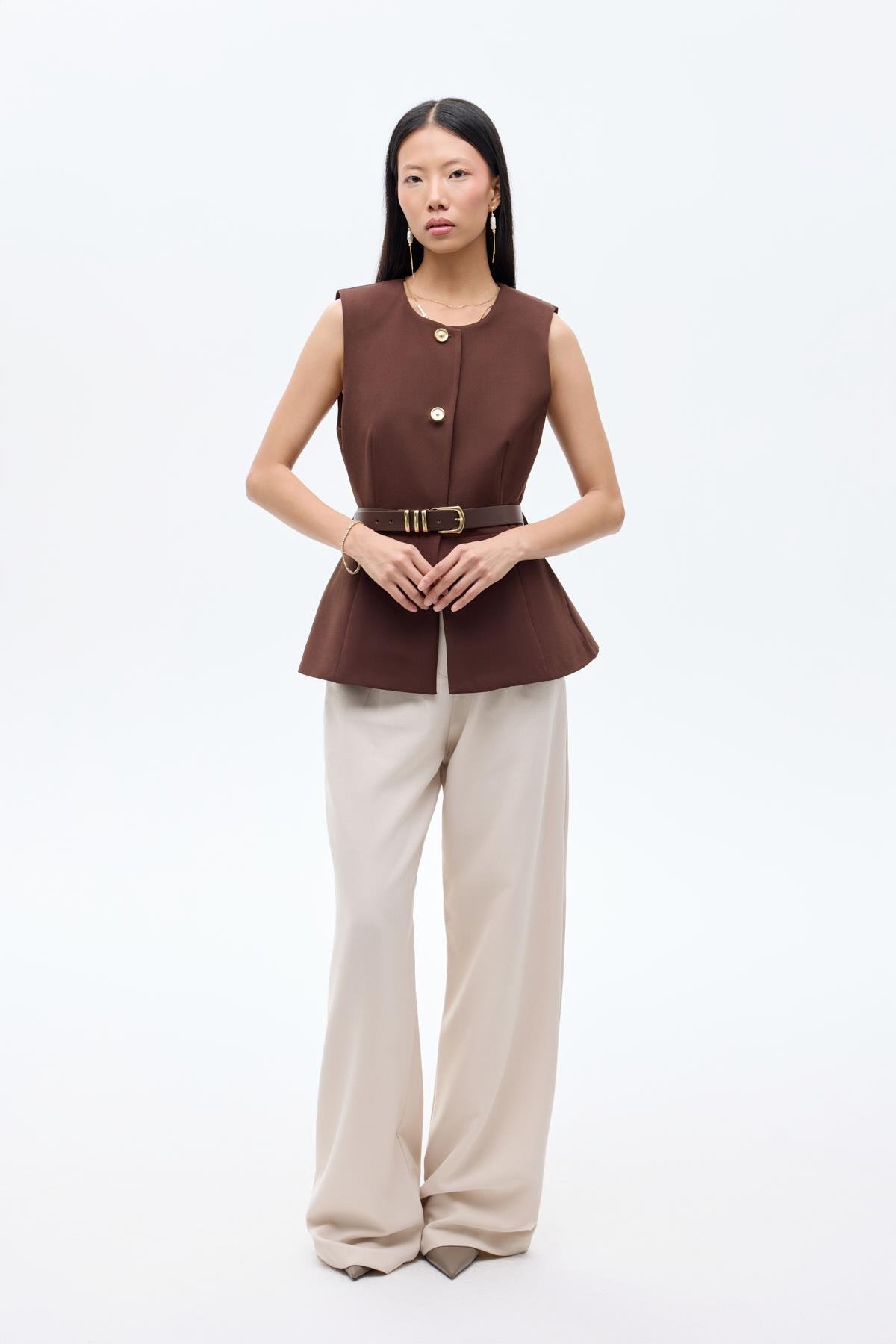 Quzu Bisiklet Yaka Kemerli Yelek Kahve