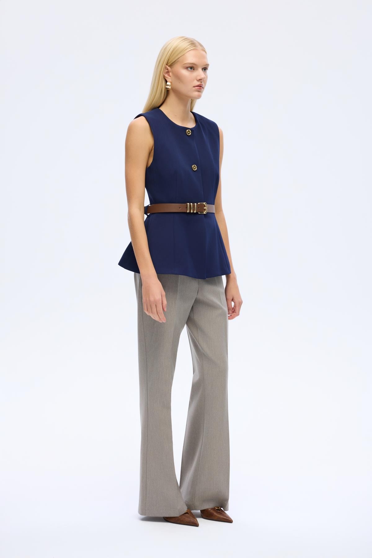 Quzu Crew Neck Belted Vest Navy Blue