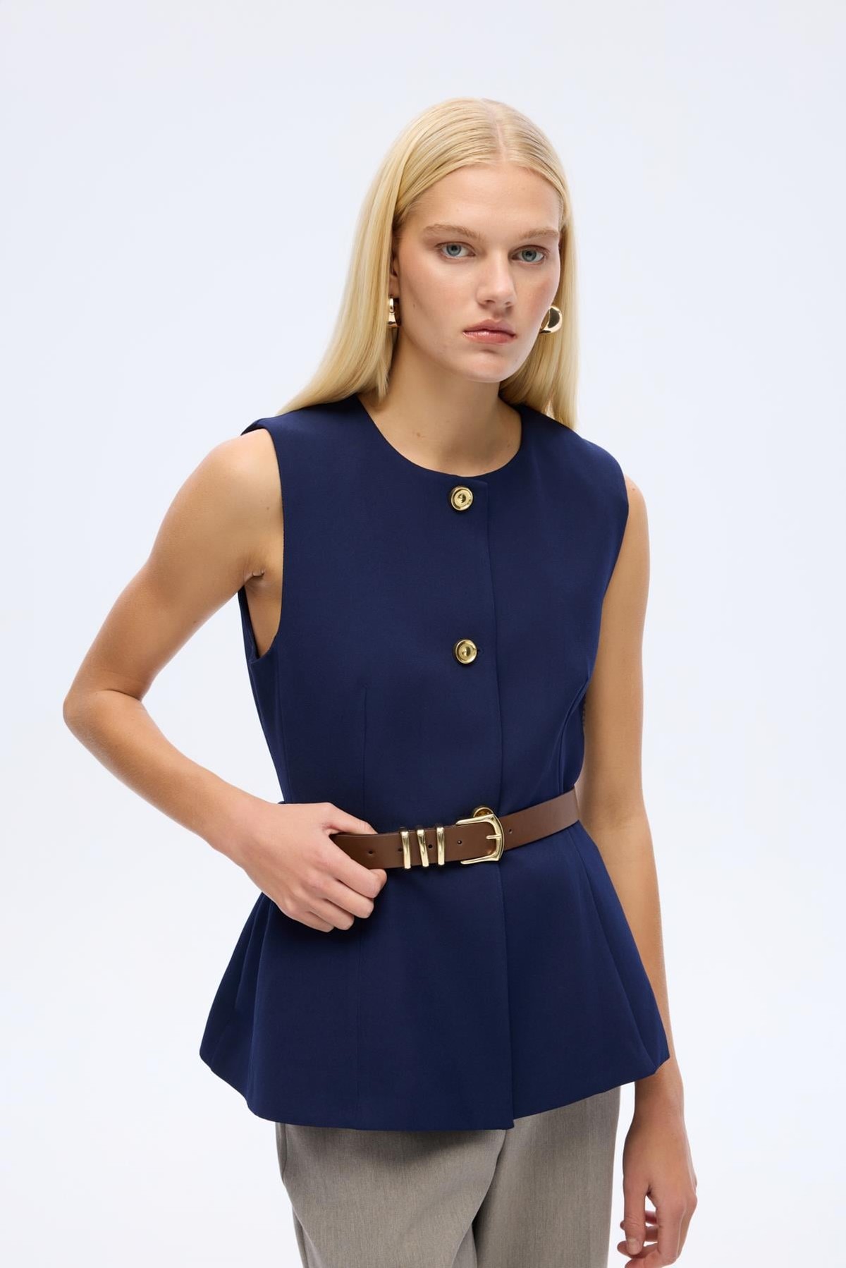 Quzu Crew Neck Belted Vest Navy Blue