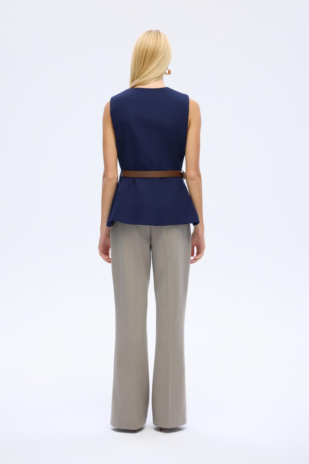 Quzu Crew Neck Belted Vest Navy Blue