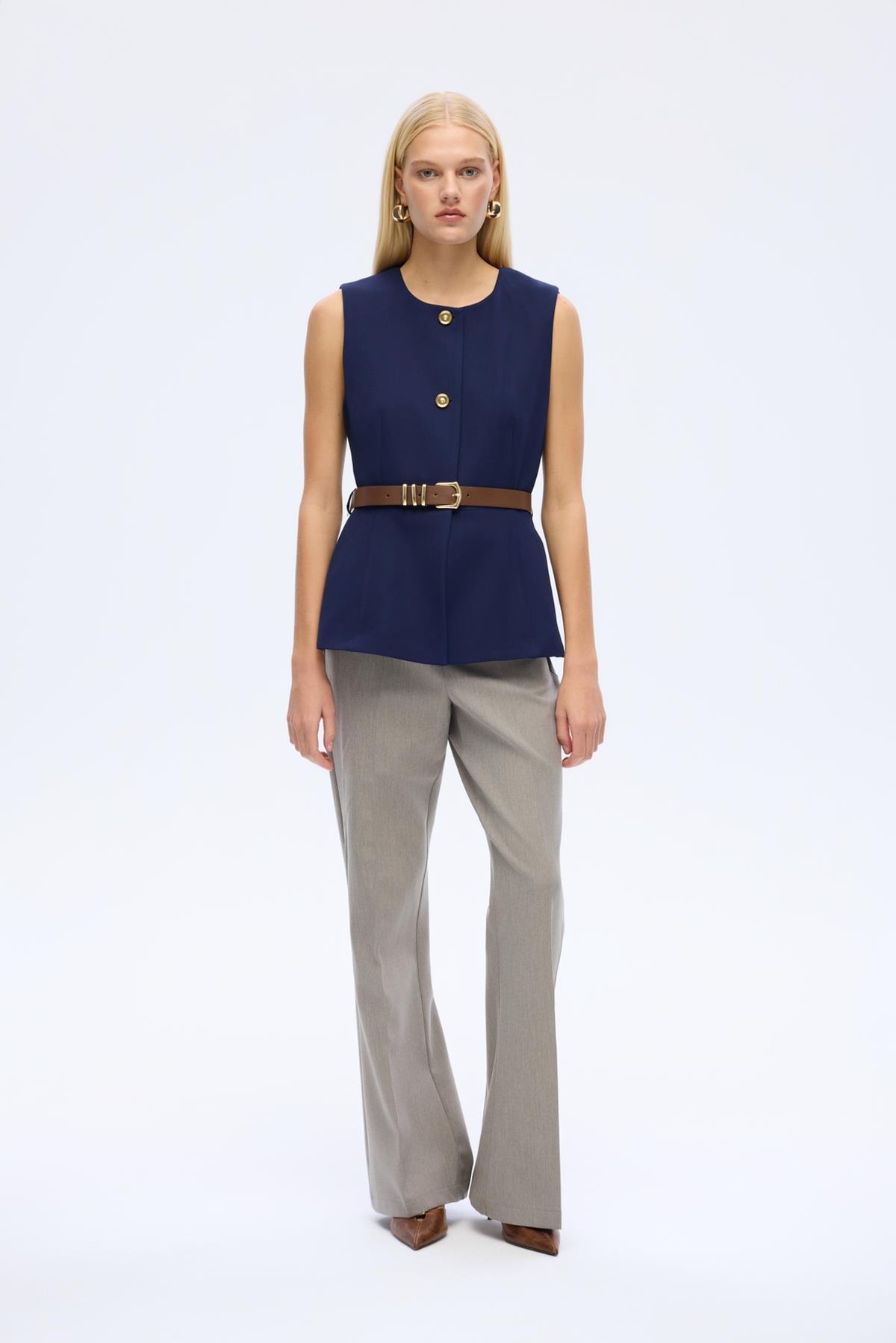 Quzu Crew Neck Belted Vest Navy Blue