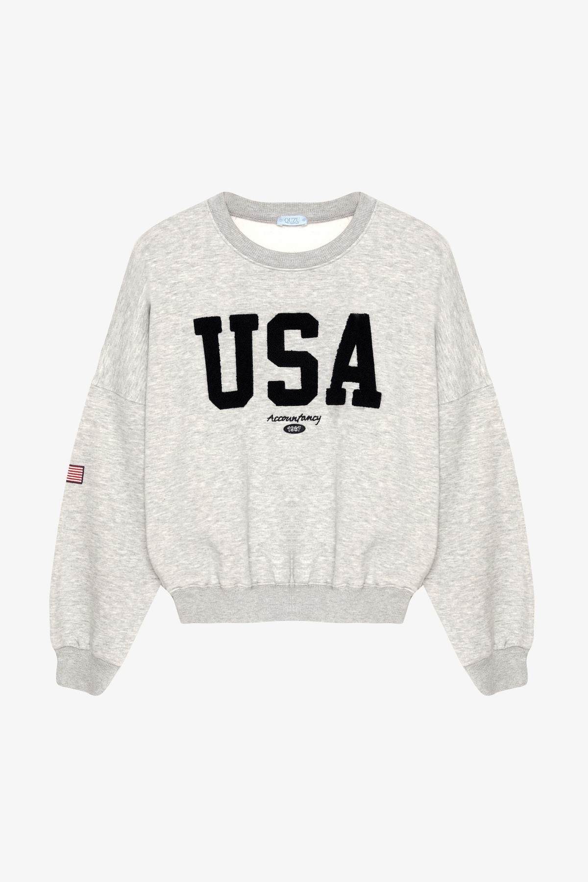 Quzu Bisiklet Yaka Nakış Detaylı Sweatshirt Gri Melanj