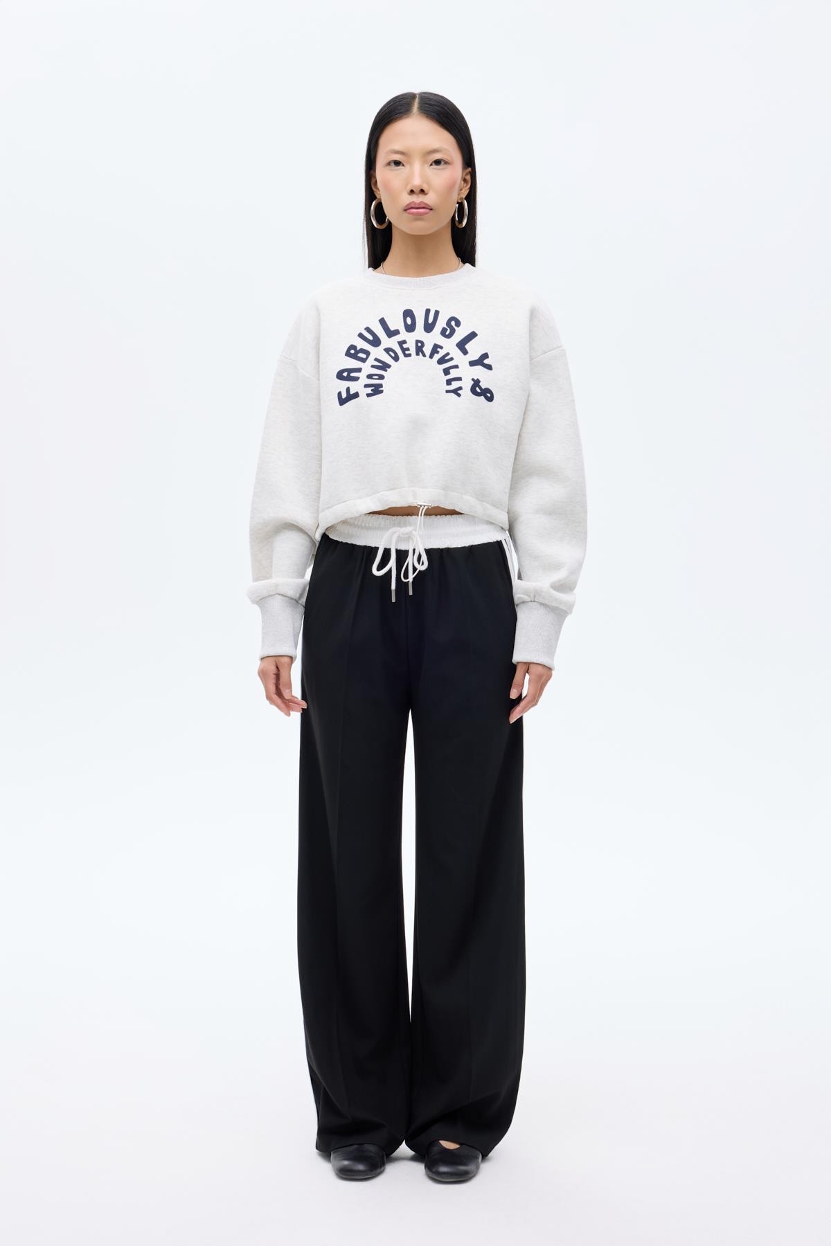 Quzu Bisiklet Yaka Önü Baskılı Sweatshirt Gri Melanj