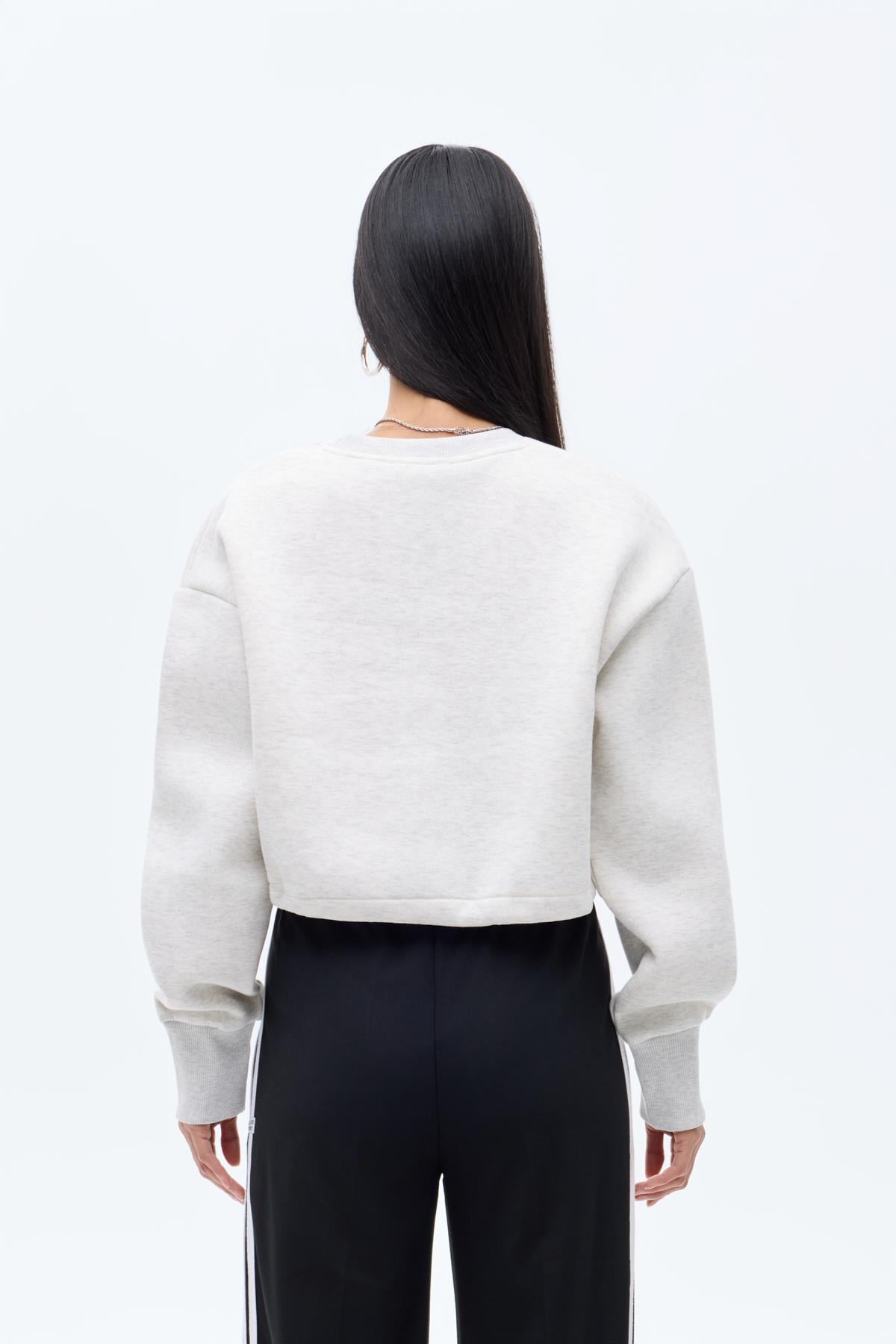 Quzu Bisiklet Yaka Önü Baskılı Sweatshirt Gri Melanj