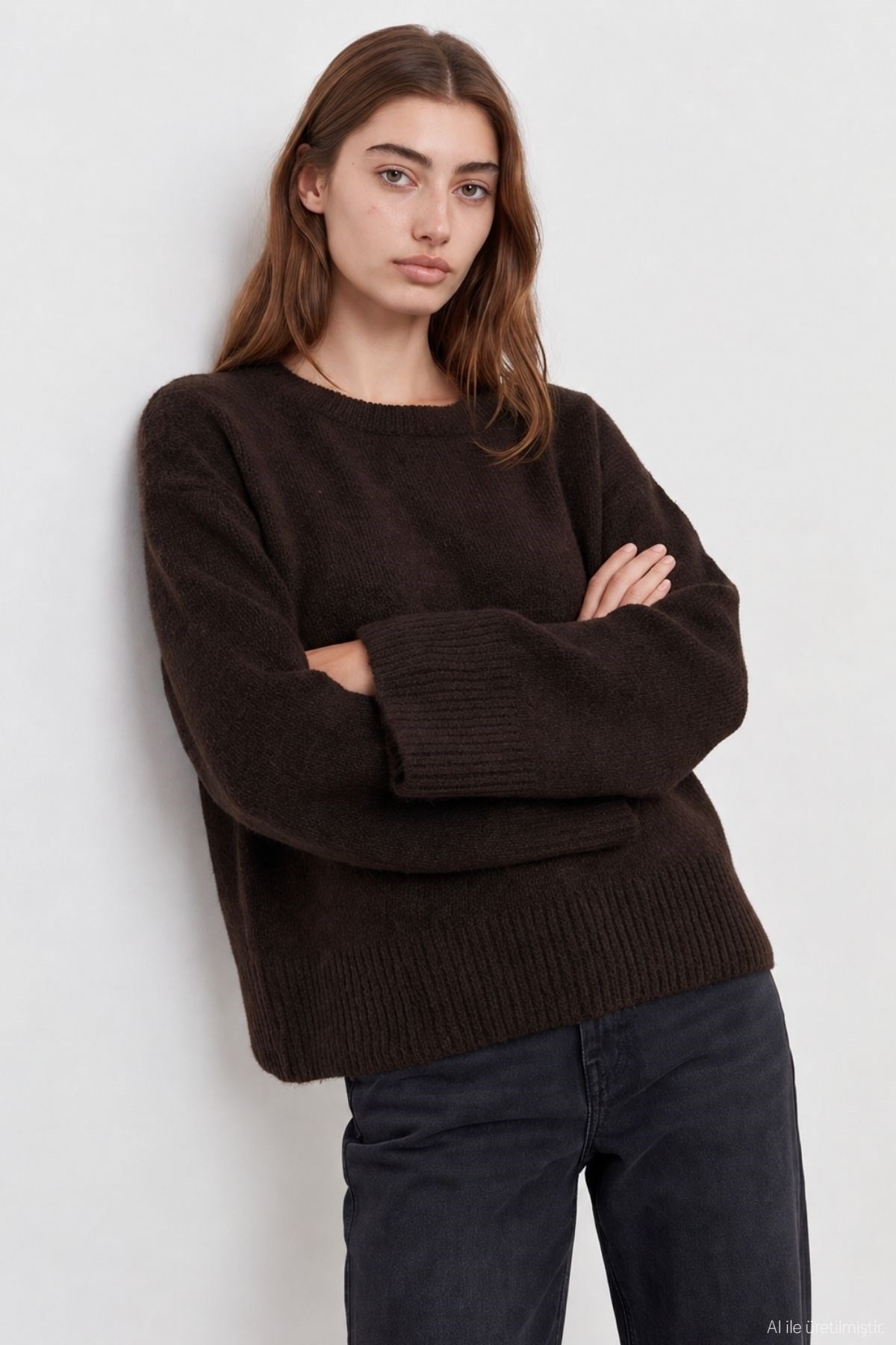 Quzu Bisiklet Yaka Oversize Triko Kahve