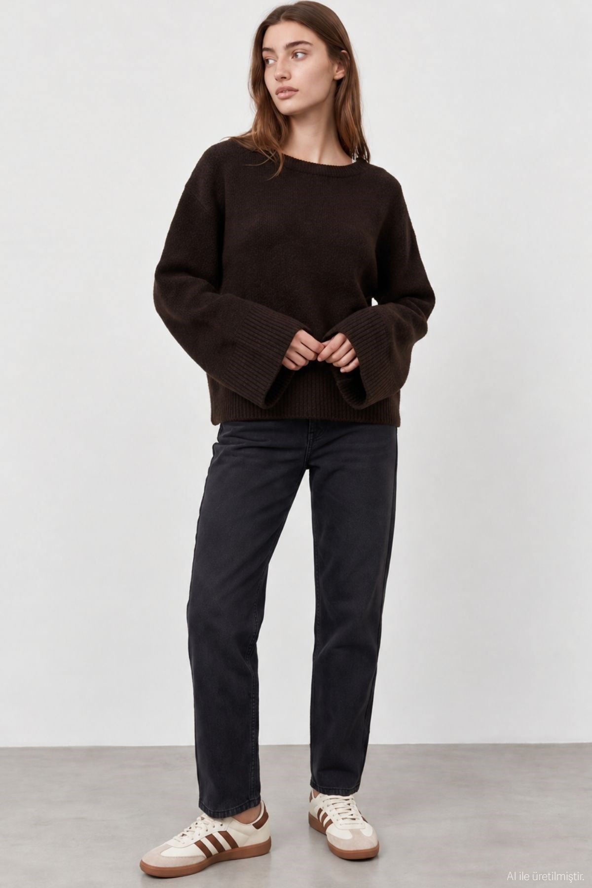 Quzu Bisiklet Yaka Oversize Triko Kahve