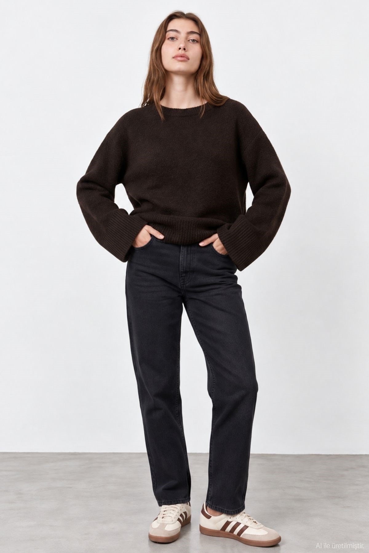 Quzu Bisiklet Yaka Oversize Triko Kahve