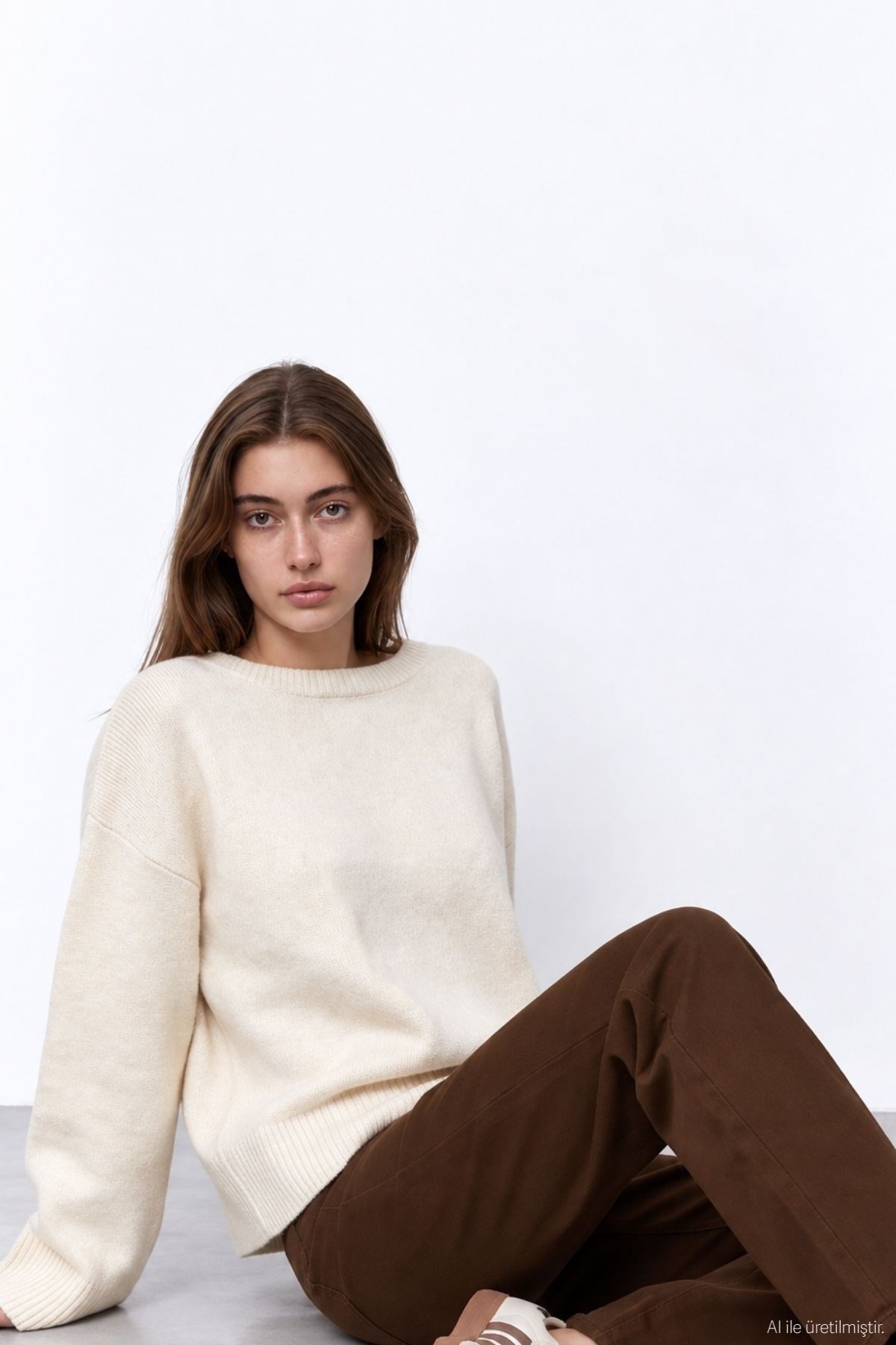 Quzu Bisiklet Yaka Oversize Triko Krem