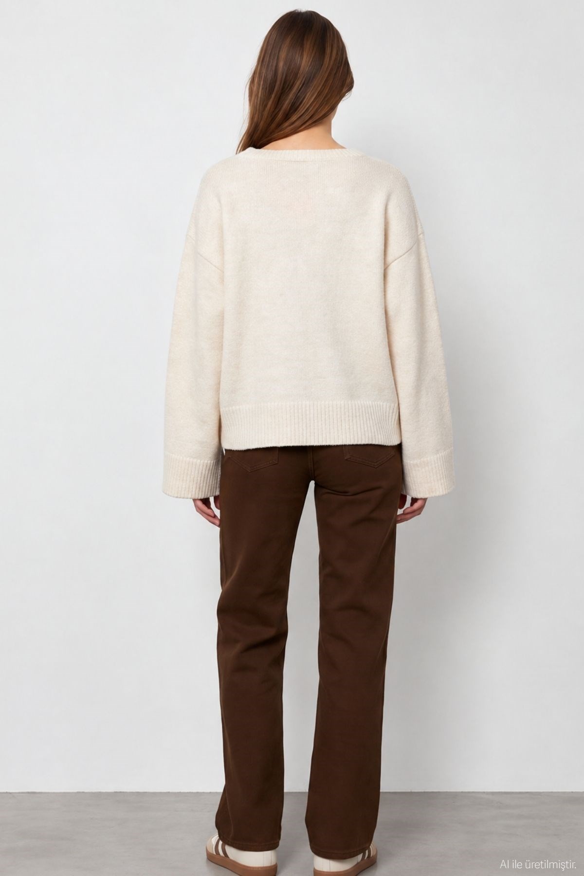 Quzu Bisiklet Yaka Oversize Triko Krem