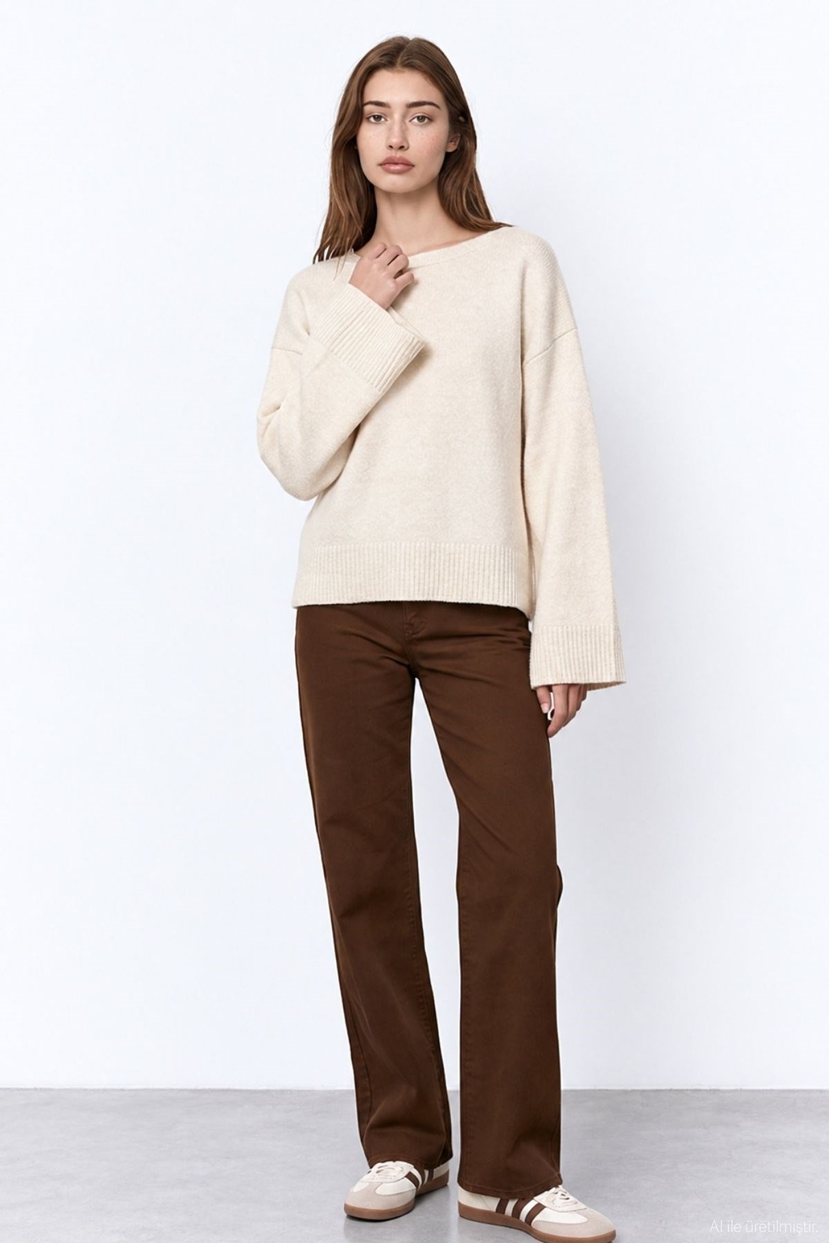 Quzu Bisiklet Yaka Oversize Triko Krem
