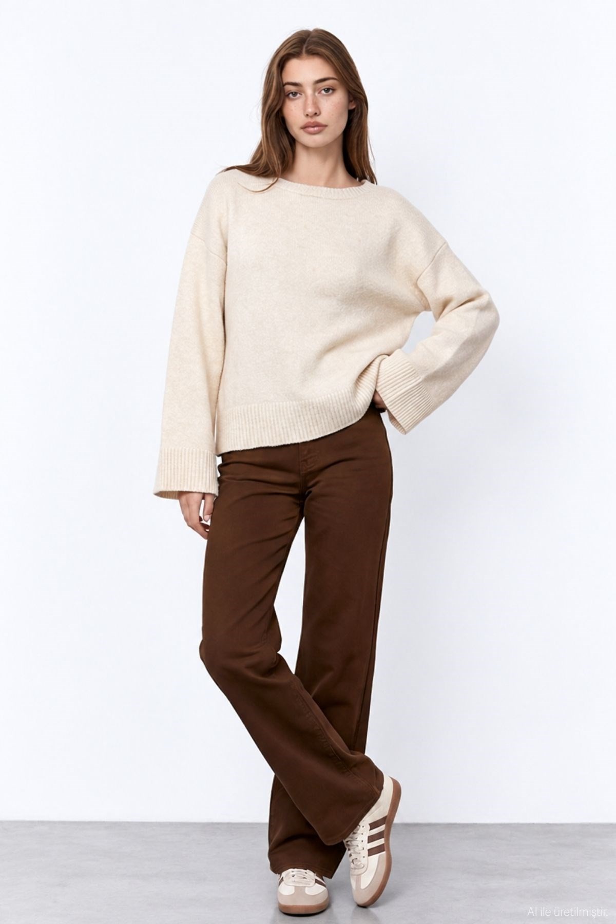 Quzu Bisiklet Yaka Oversize Triko Krem
