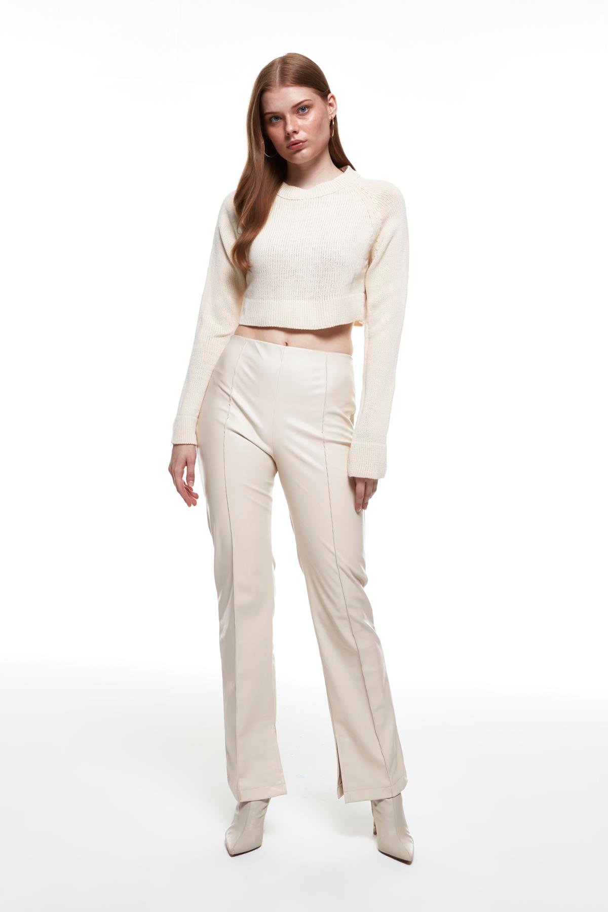 Quzu Bisiklet Yaka Triko Krem